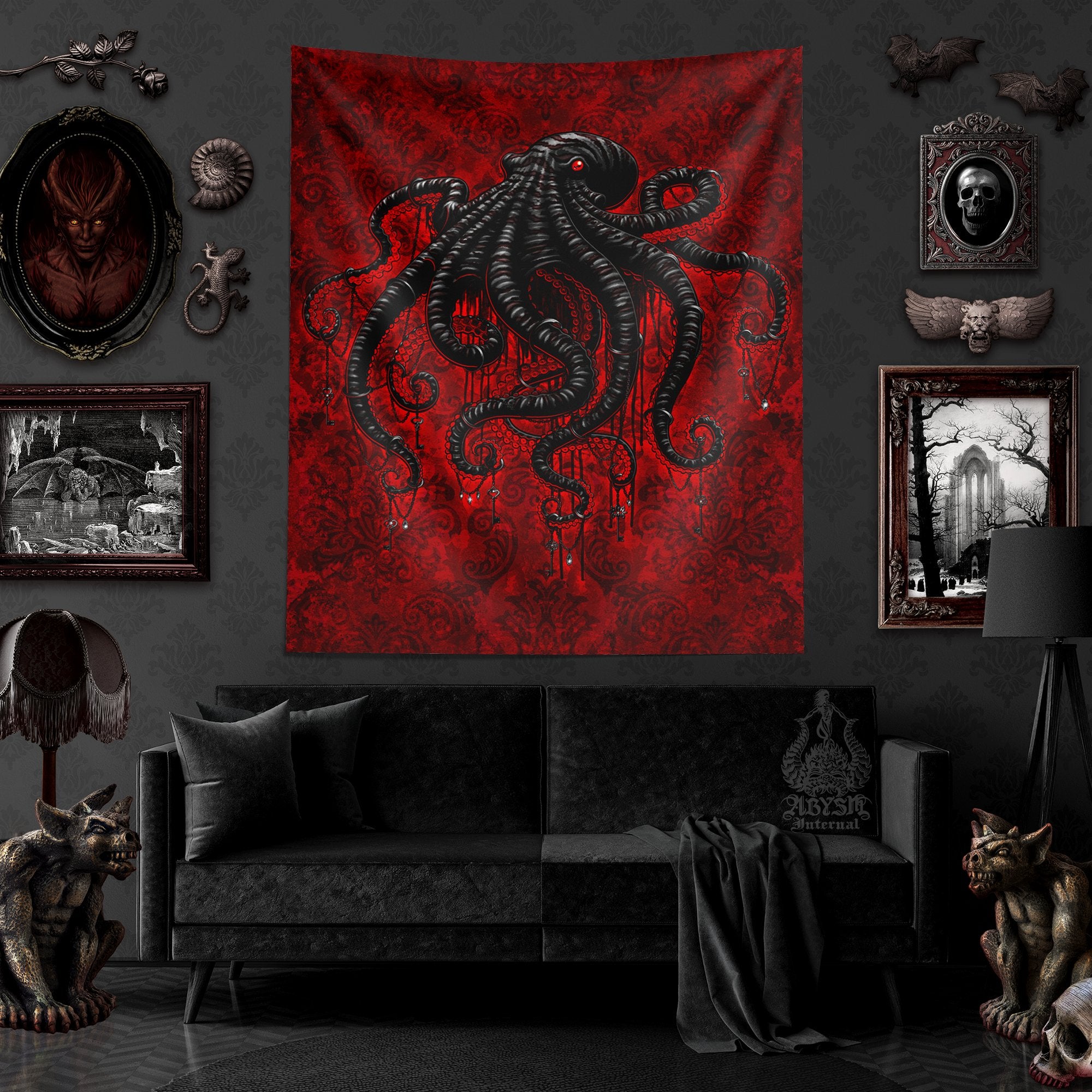 Bloody Gothic Tapestry, Octopus Wall Hanging, Goth Home Decor, Vertical Art Print - Red Black - Abysm Internal