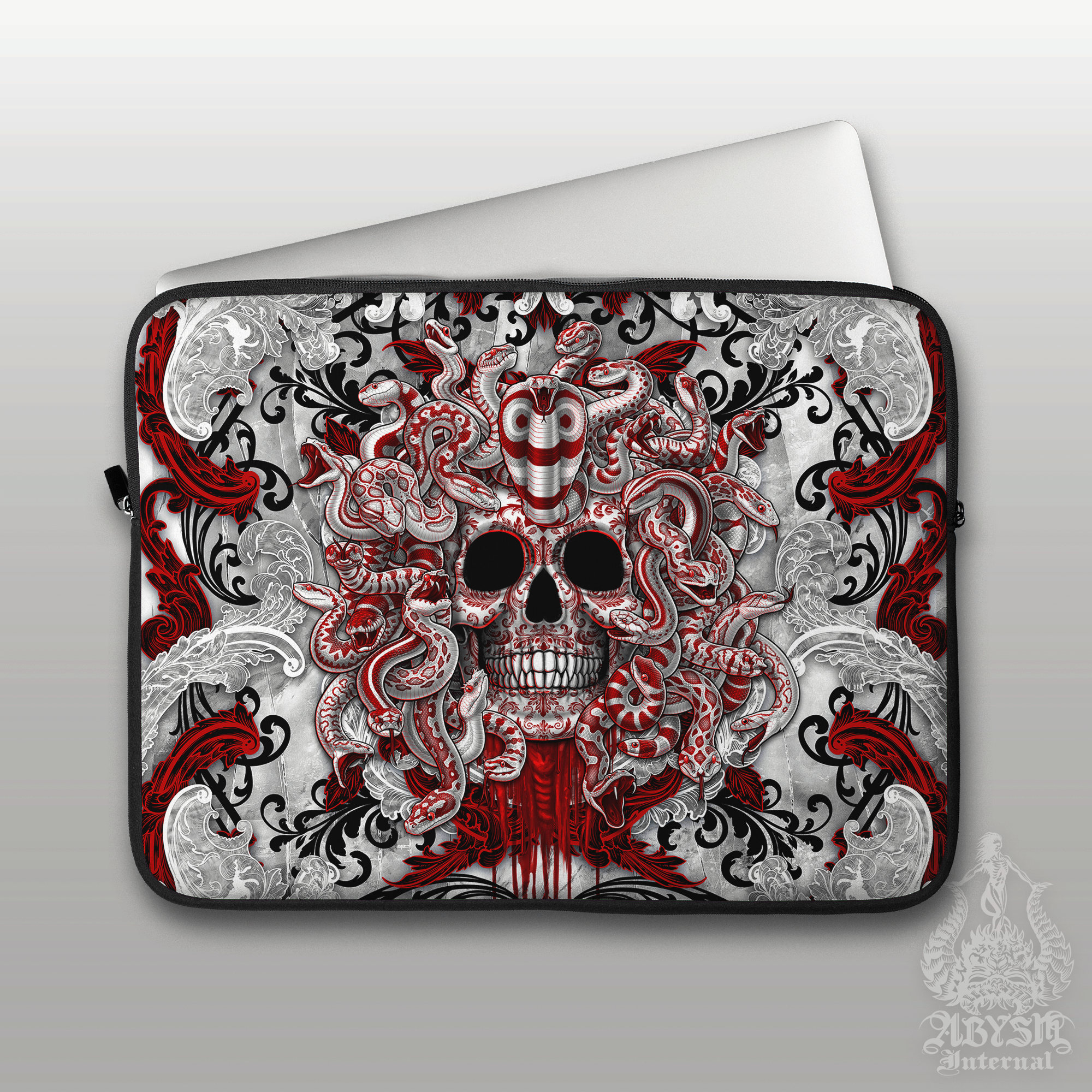 Bloody Medusa Laptop Case – White Goth Skull, 13" & 15", Dark Fantasy Art, Printed Padded Soft Sleeve - 2 Faces - Abysm Internal