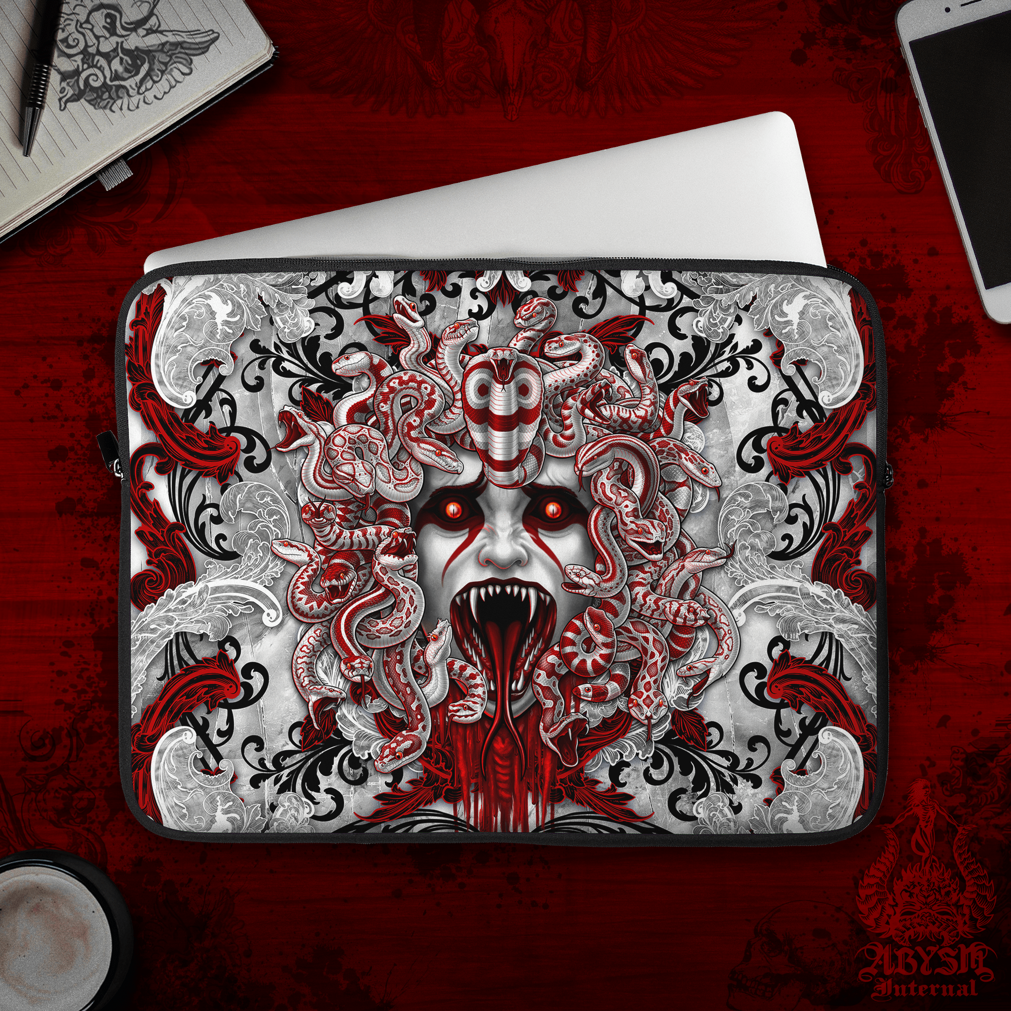 Bloody Medusa Laptop Case – White Goth Skull, 13" & 15", Dark Fantasy Art, Printed Padded Soft Sleeve - 2 Faces - Abysm Internal