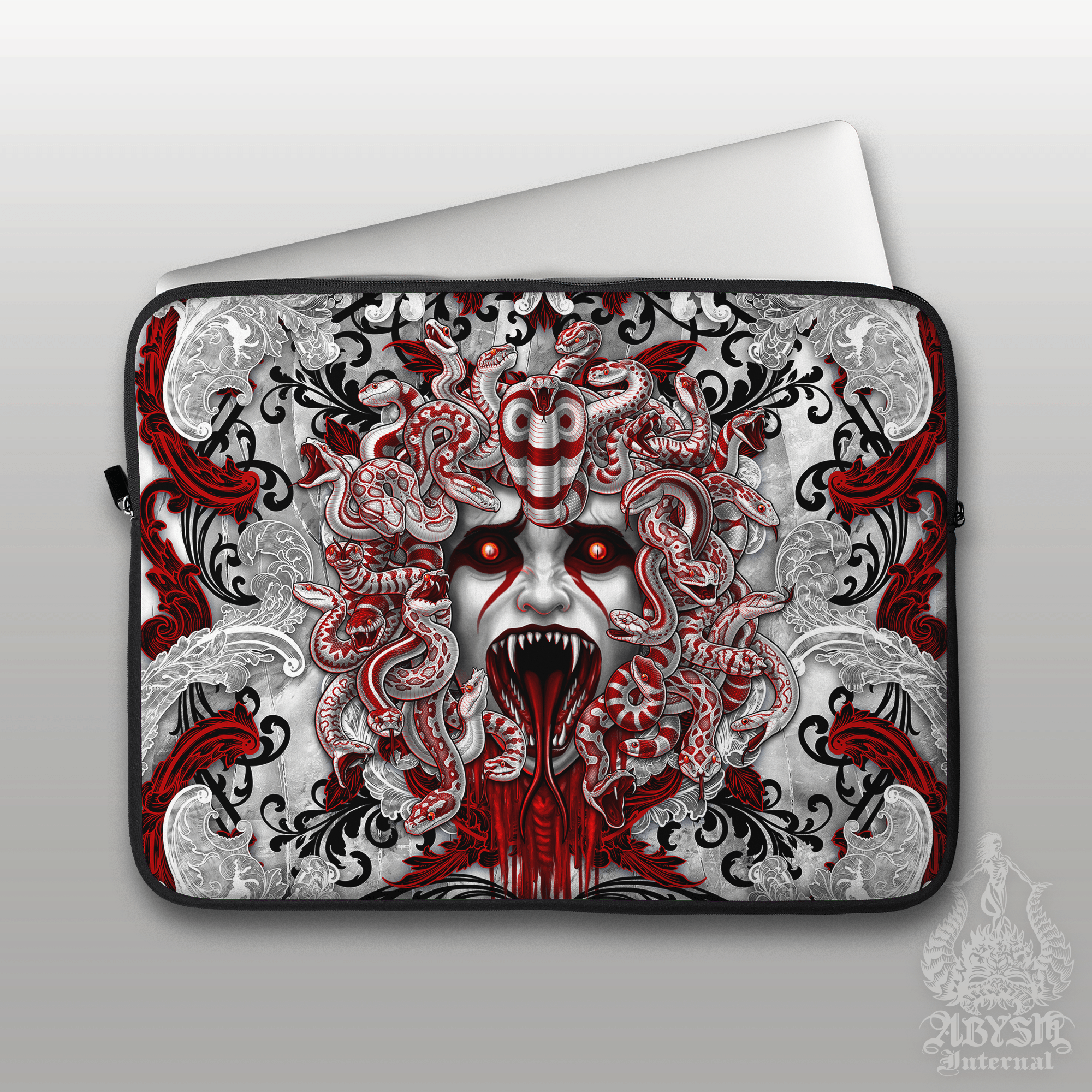 Bloody Medusa Laptop Case – White Goth Skull, 13" & 15", Dark Fantasy Art, Printed Padded Soft Sleeve - 2 Faces - Abysm Internal