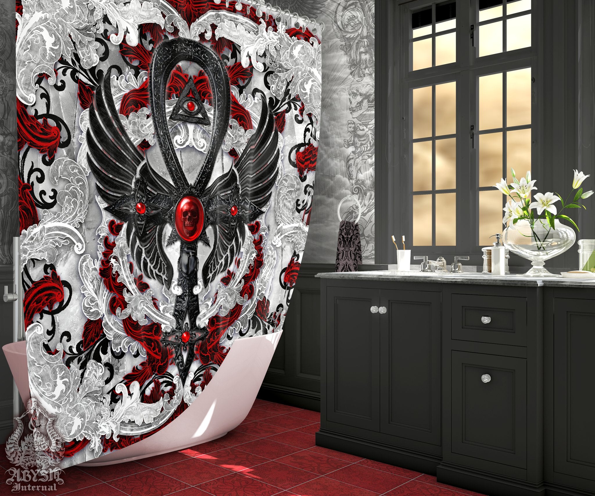 Bloody White Goth Ankh Shower Curtain, 71x74 inches, Gothic Bathroom Decor, Occult - Ornamented, Red, Black, 3 Colors - Abysm Internal