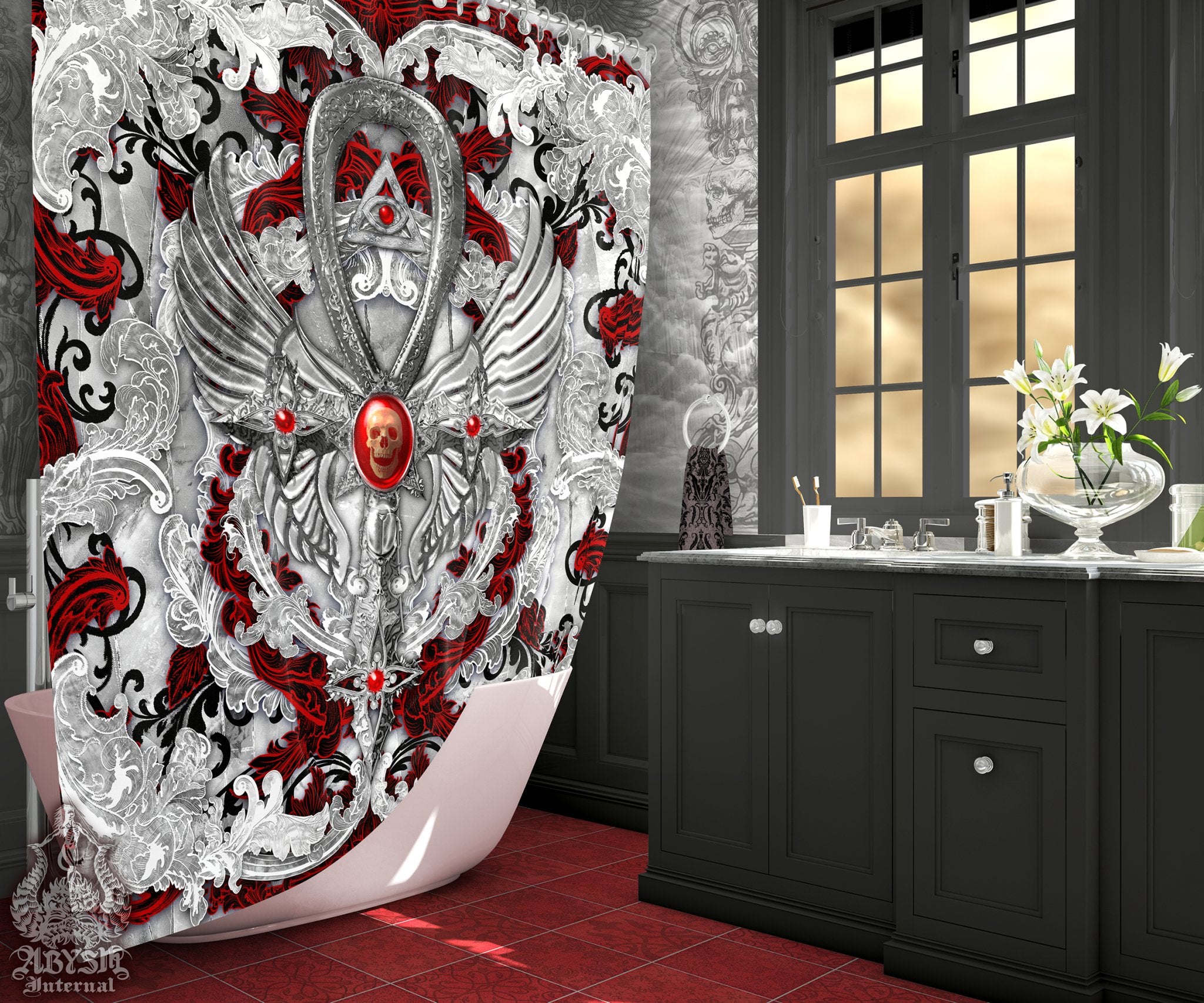 Bloody White Goth Ankh Shower Curtain, 71x74 inches, Gothic Bathroom Decor, Occult - Ornamented, Red, Black, 3 Colors - Abysm Internal