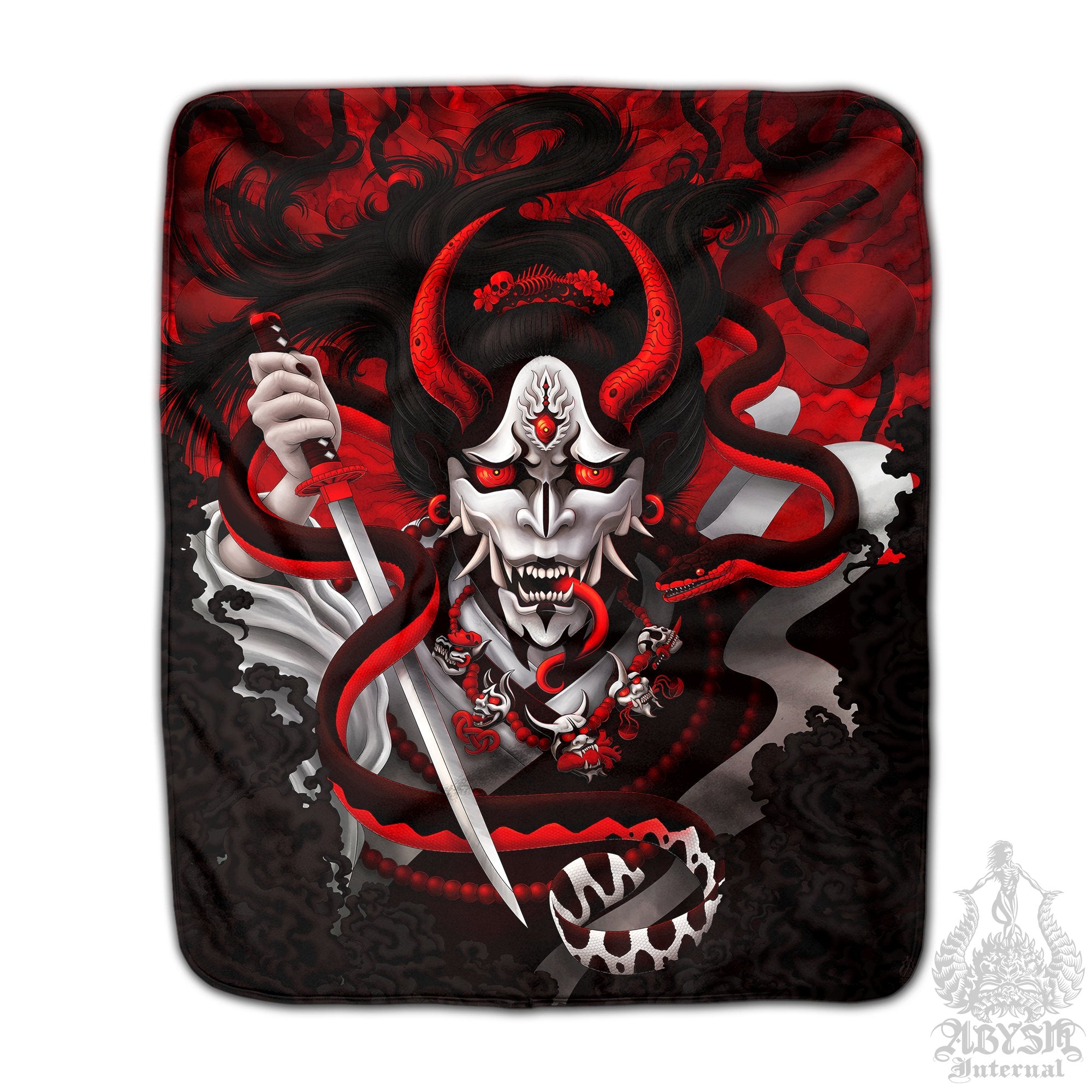Bloody White Goth Demon Sherpa Fleece Throw Blanket, Japanese Goth Anime and Gamer Room Decor - Snake, Red - Abysm Internal