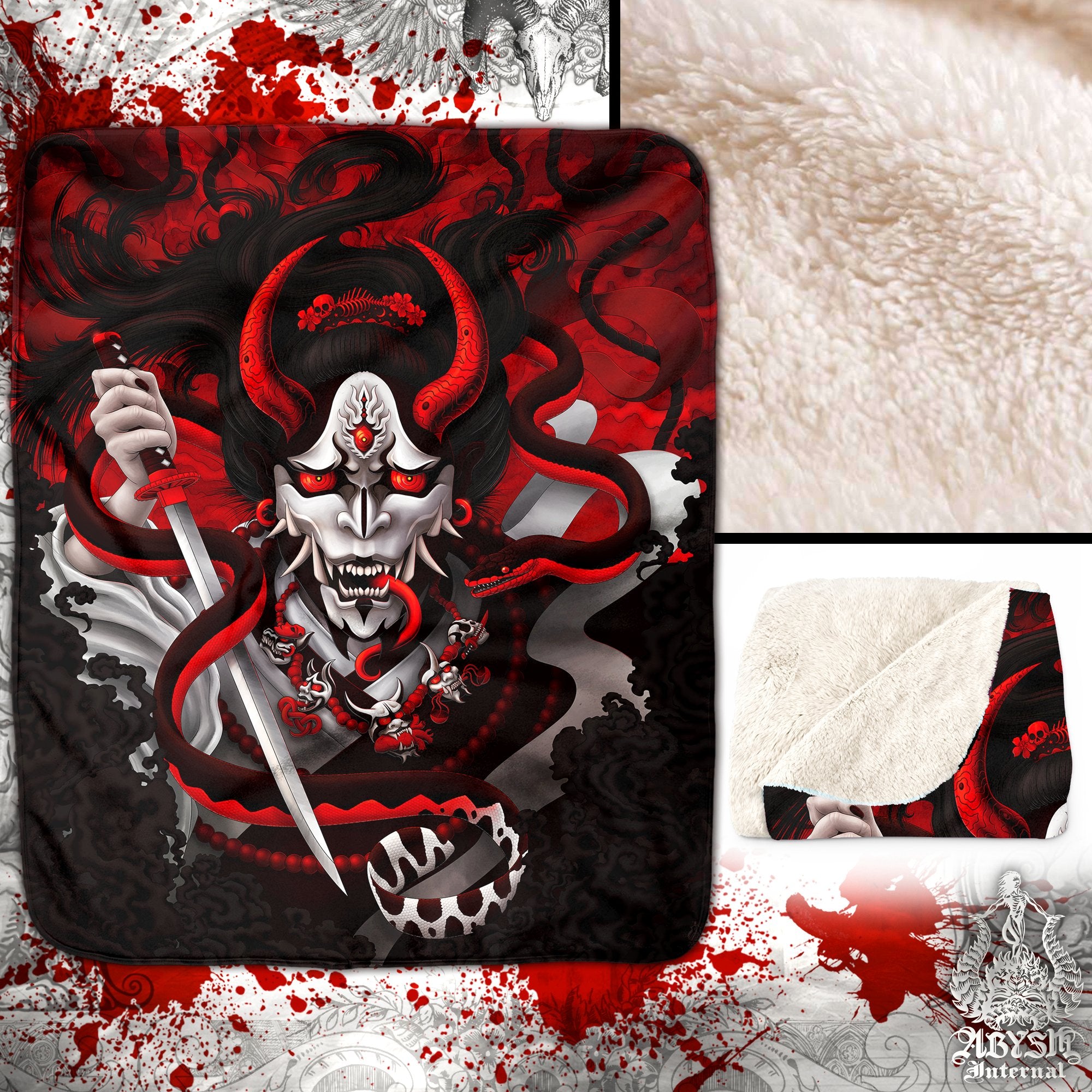 Bloody White Goth Demon Sherpa Fleece Throw Blanket, Japanese Goth Anime and Gamer Room Decor - Snake, Red - Abysm Internal