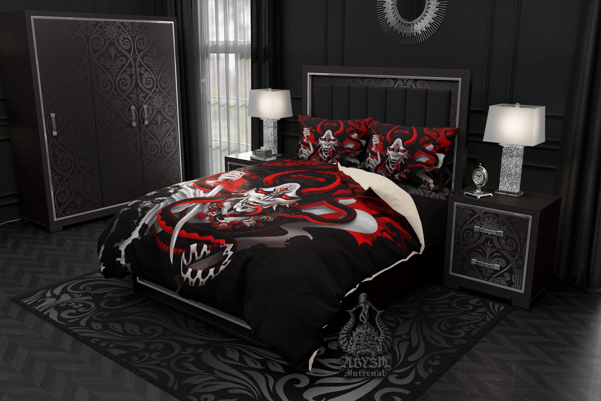 Bloody White Goth Hannya Bedding Set, Comforter or Duvet, Japanese Demon Bed Cover, Anime Youkai Bedroom Decor, King, Queen & Twin Size - Red Snake - Abysm Internal