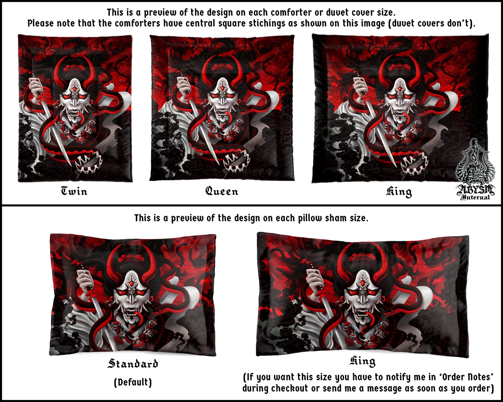 Bloody White Goth Hannya Bedding Set, Comforter or Duvet, Japanese Demon Bed Cover, Anime Youkai Bedroom Decor, King, Queen & Twin Size - Red Snake - Abysm Internal