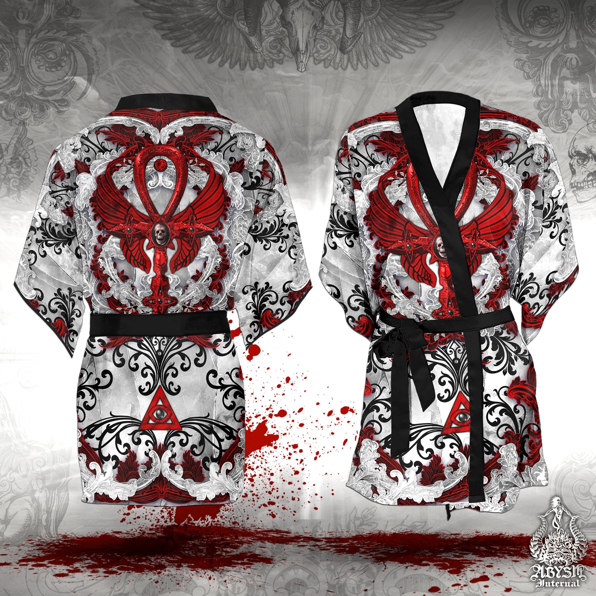 Bloody White Goth Short Kimono Robe, Beach Party Outfit, Ankh Cross Coverup, Gothic Summer Festival, Indie and Alternative Clothing, Unisex - White, Black, and Red, 3 Colors - Abysm Internal