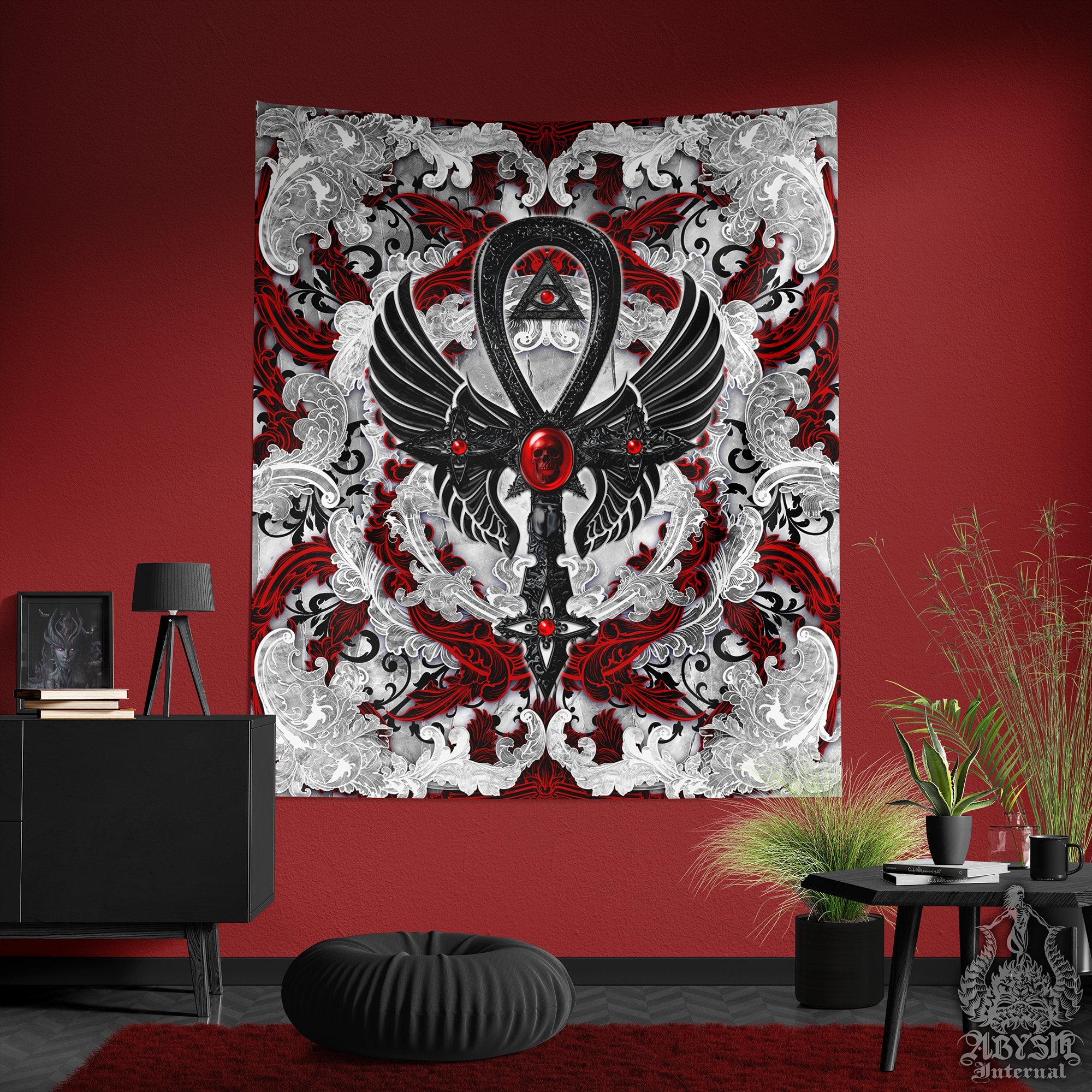 Bloody White Goth Tapestry, Gothic Ankh Wall Hanging, Cross, Occult Home Decor, Vertical Art Print - Red, Black, 3 Colors - Abysm Internal