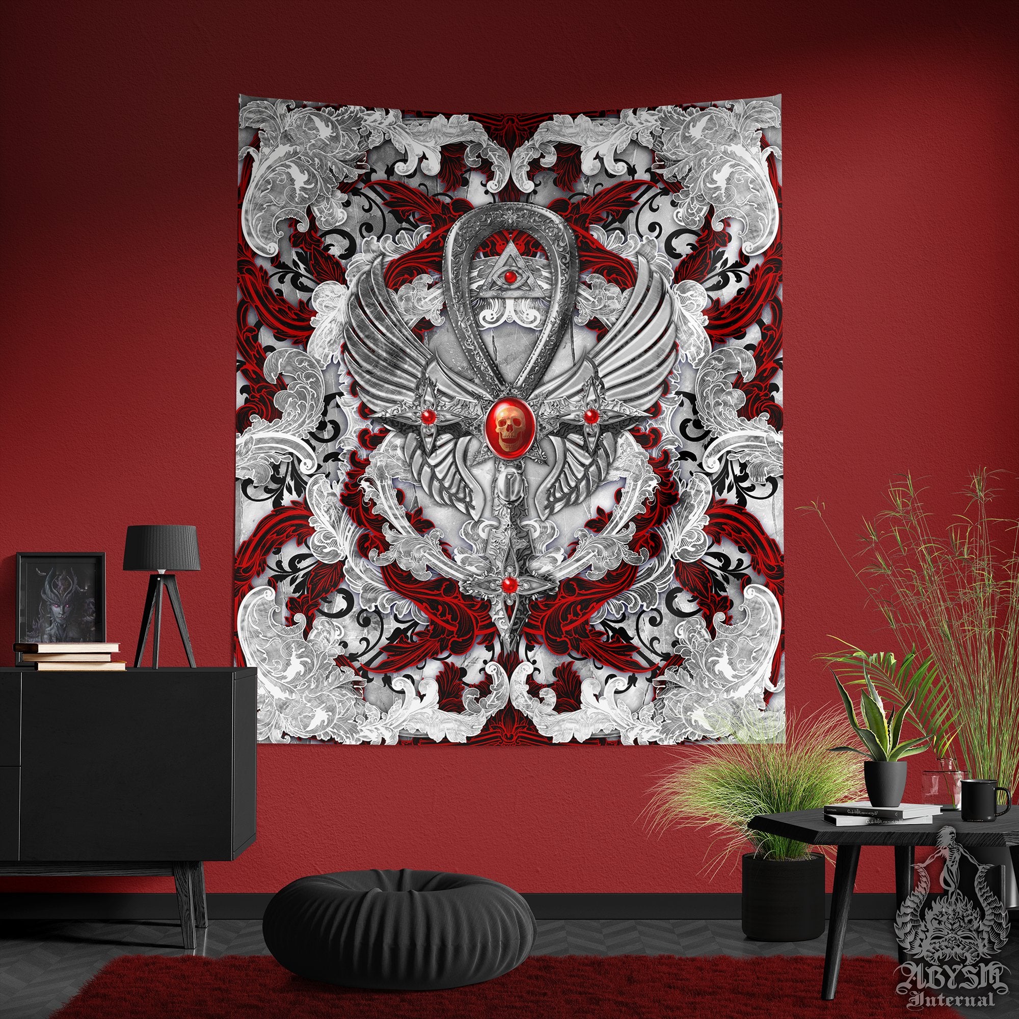 Bloody White Goth Tapestry, Gothic Ankh Wall Hanging, Cross, Occult Home Decor, Vertical Art Print - Red, Black, 3 Colors - Abysm Internal