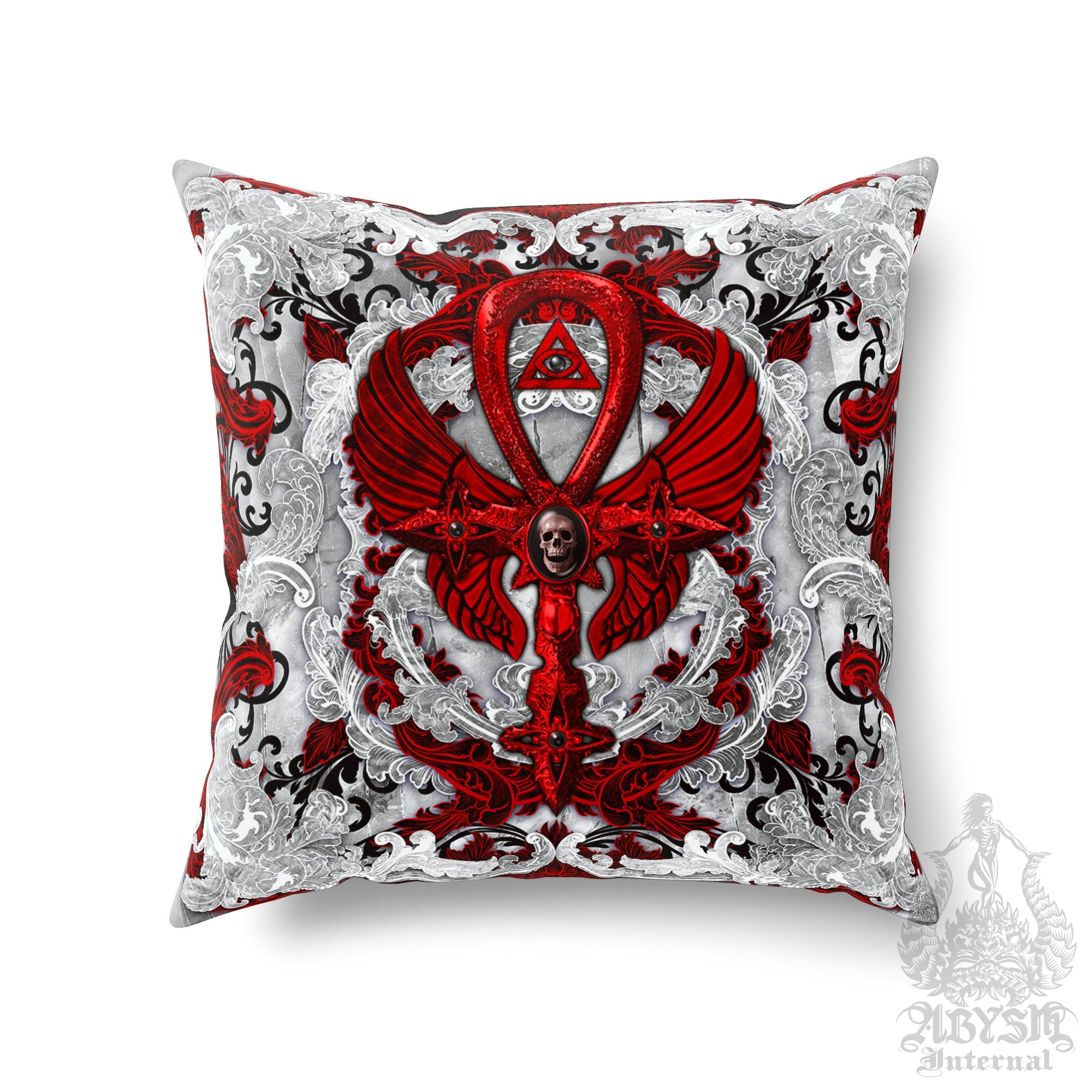 Bloody White Goth Throw Pillow, Decorative Accent Pillow, Square Cushion Cover, Gothic Room Decor, Alternative Home - Ankh Cross Art, Black, Red, 3 Colors - Abysm Internal