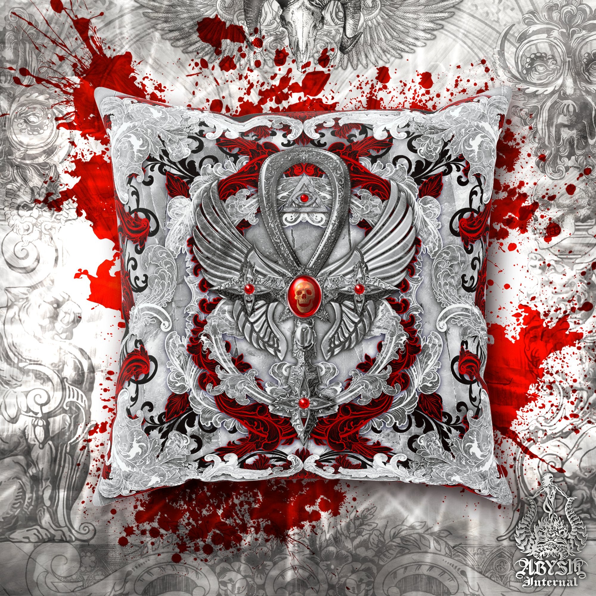Bloody White Goth Throw Pillow, Decorative Accent Pillow, Square Cushion Cover, Gothic Room Decor, Alternative Home - Ankh Cross Art, Black, Red, 3 Colors - Abysm Internal