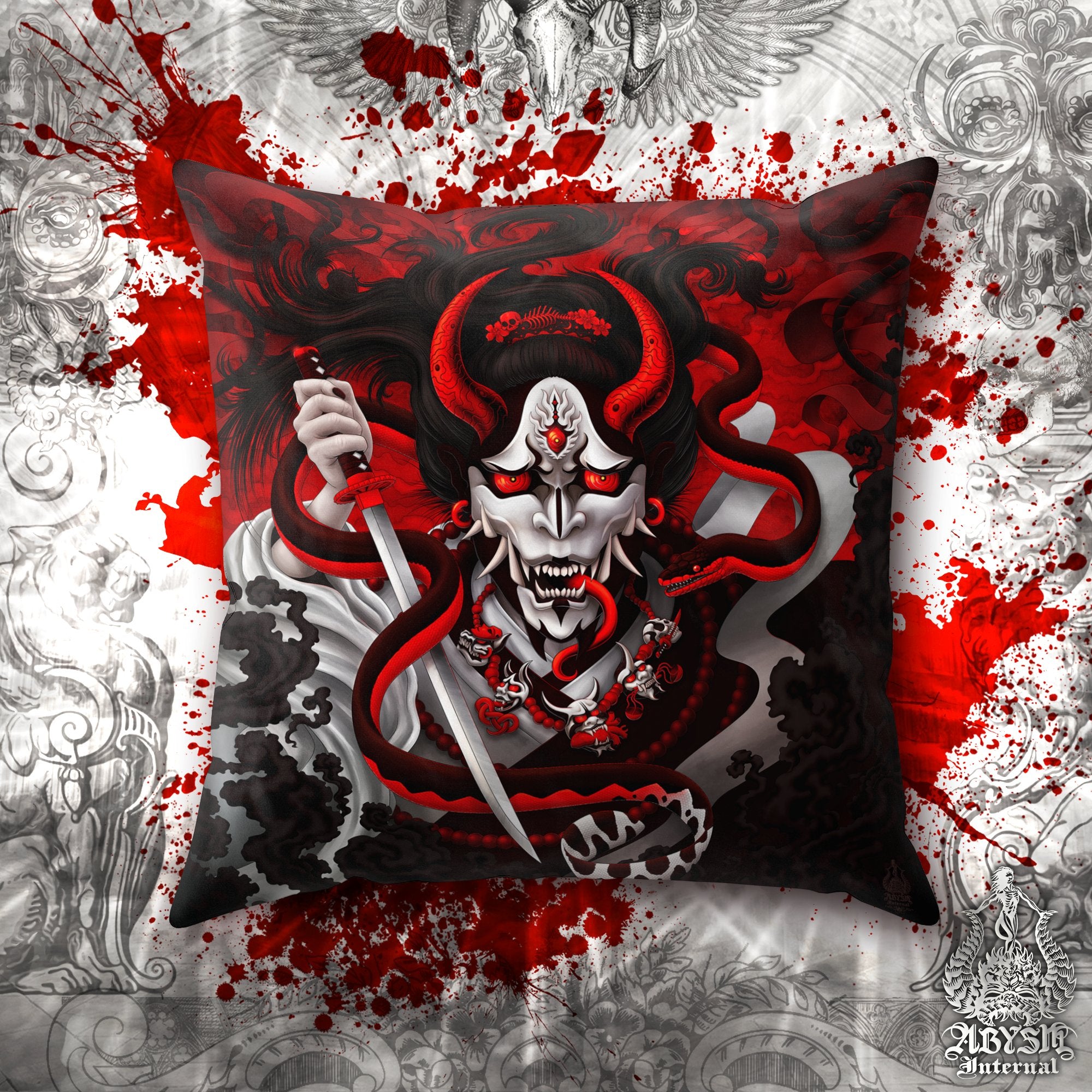 Bloody White Goth Throw Pillow, Decorative Accent Pillow, Square Cushion Cover, Red Hannya, Japanese Demon & Snake, Anime Room Decor - Abysm Internal
