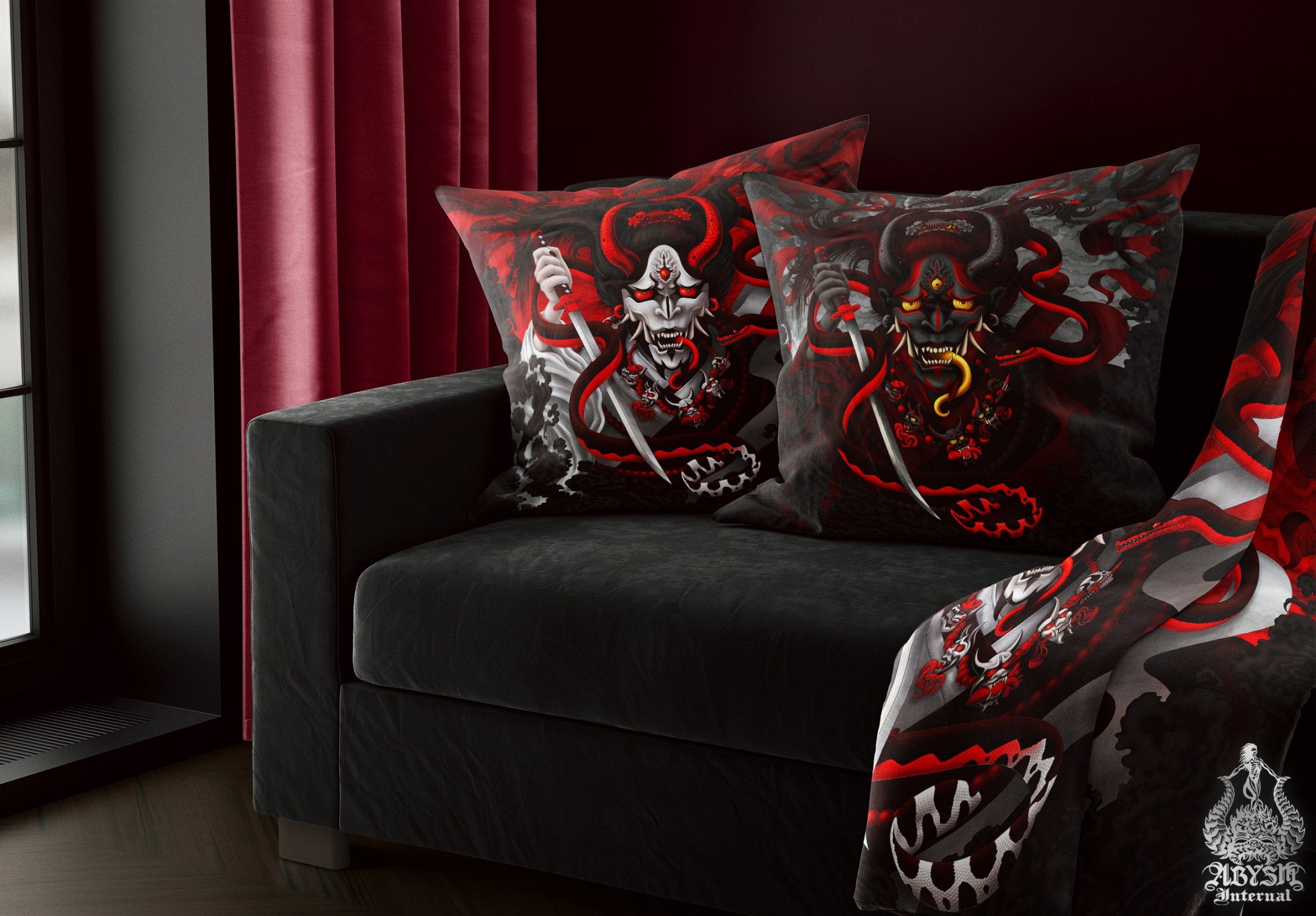 Bloody White Goth Throw Pillow, Decorative Accent Pillow, Square Cushion Cover, Red Hannya, Japanese Demon & Snake, Anime Room Decor - Abysm Internal