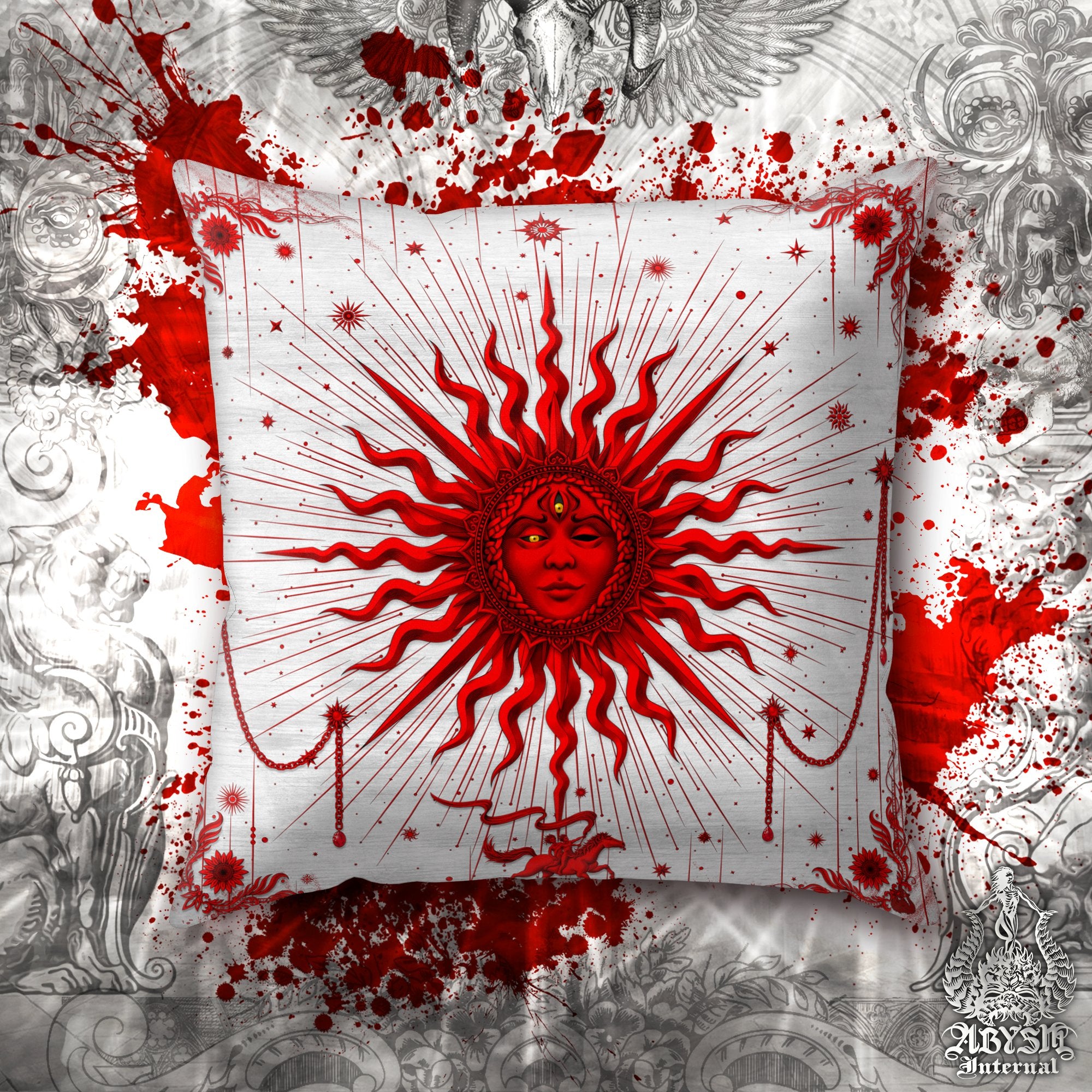Bloody White Goth Throw Pillow, Decorative Accent Pillow, Square Cushion Cover, Red Sun, Arcana Tarot Art, Gothic Home, Fortune & Magic Room Decor - Abysm Internal