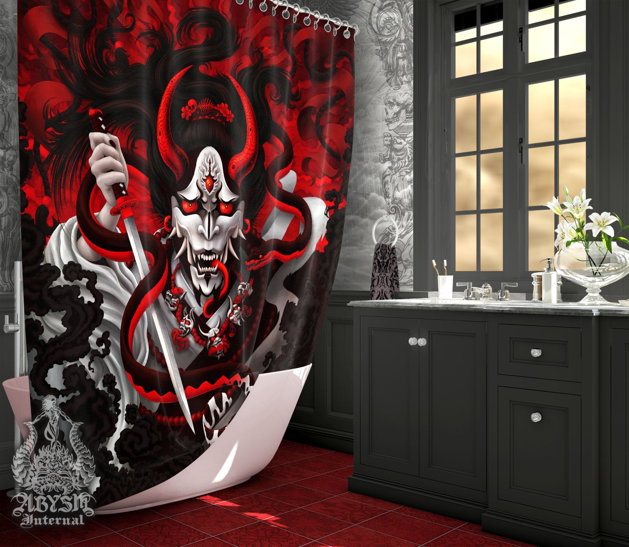 Bloody White Goth Youkai Shower Curtain, 71x74 inches, Japanese Demon Anime and Gamer Bathroom Decor - Hannya and Snake, Red - Abysm Internal