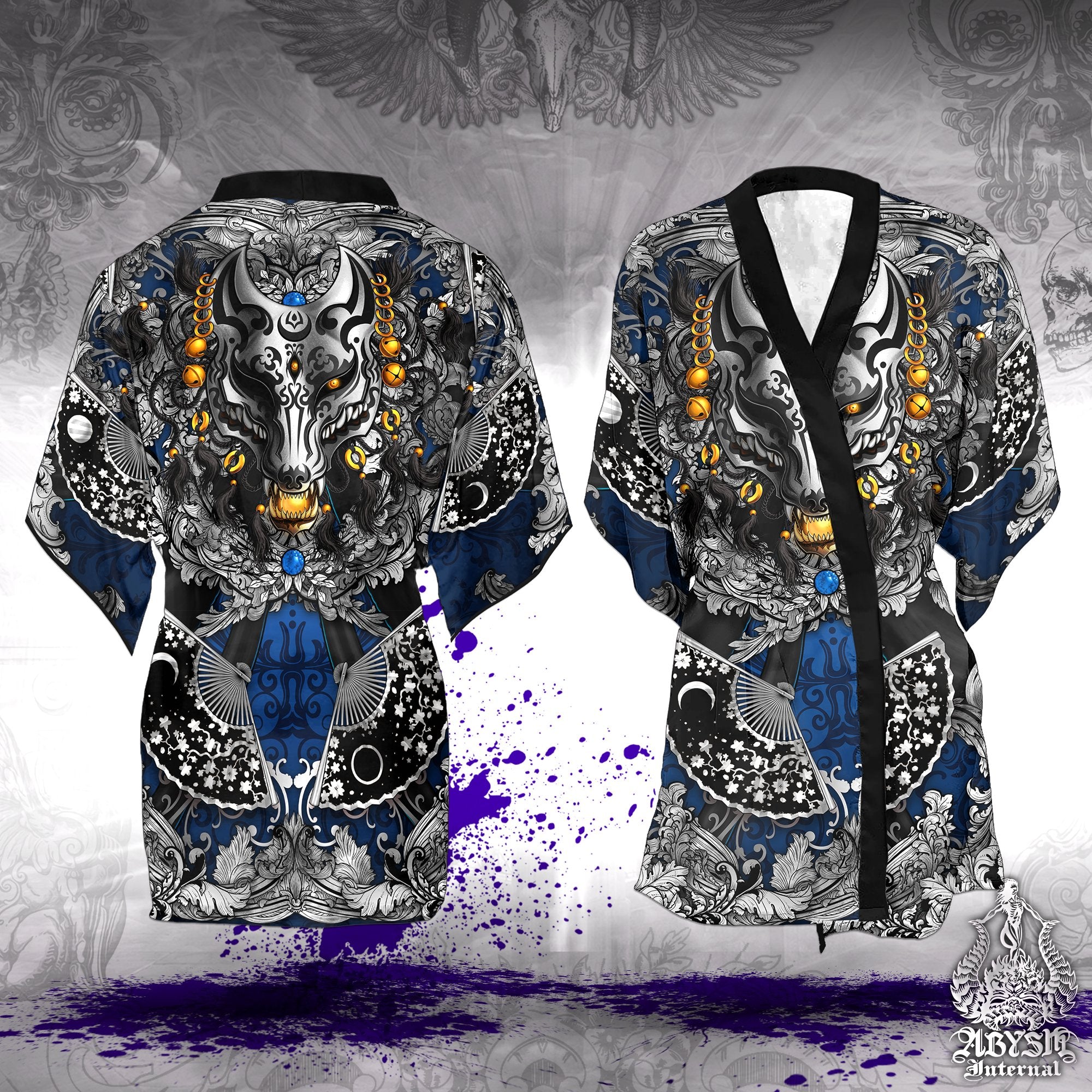 Blue and Silver Fox Short Kimono Robe, Beach Party Outfit, Japanese Coverup, Summer Festival, Indie and Alternative Clothing, Unisex - Kitsune Mask - Abysm Internal