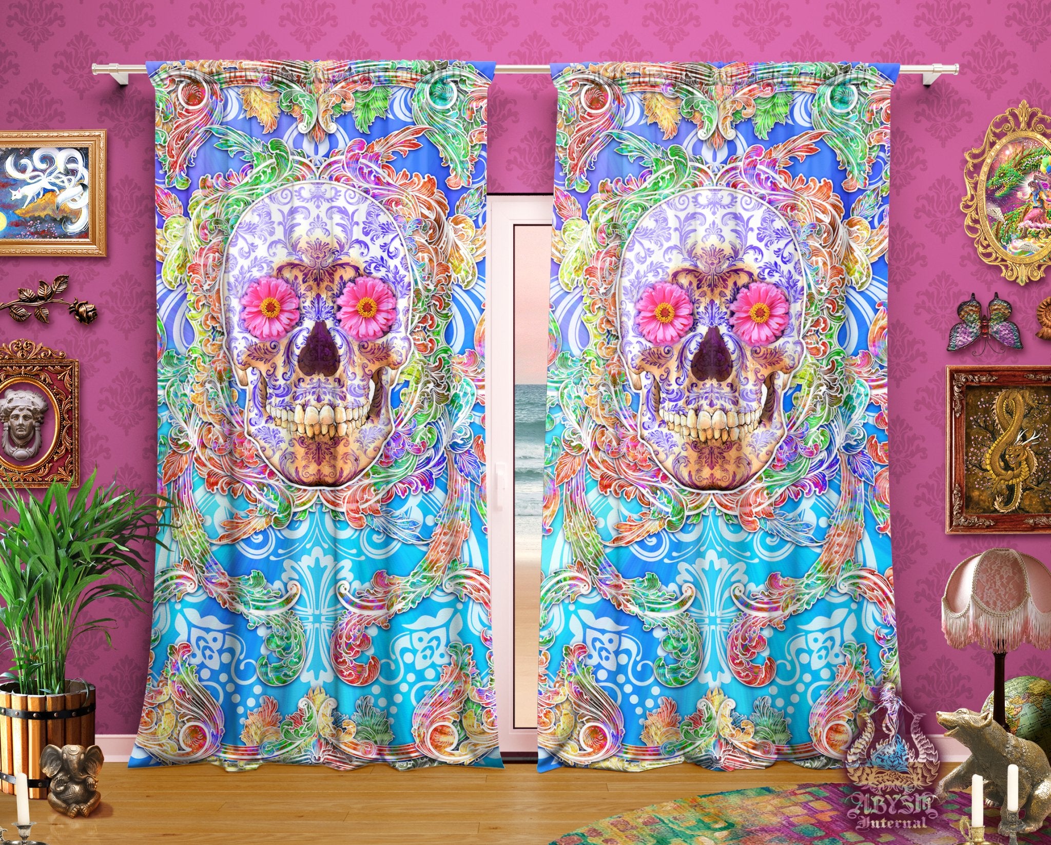 Boho Curtains, 50x84' Printed Window Panels, Sugar Skull Art Print, Festive Summer Decor - Psy Purple with Rubies or Flowers, 2 versions - Abysm Internal
