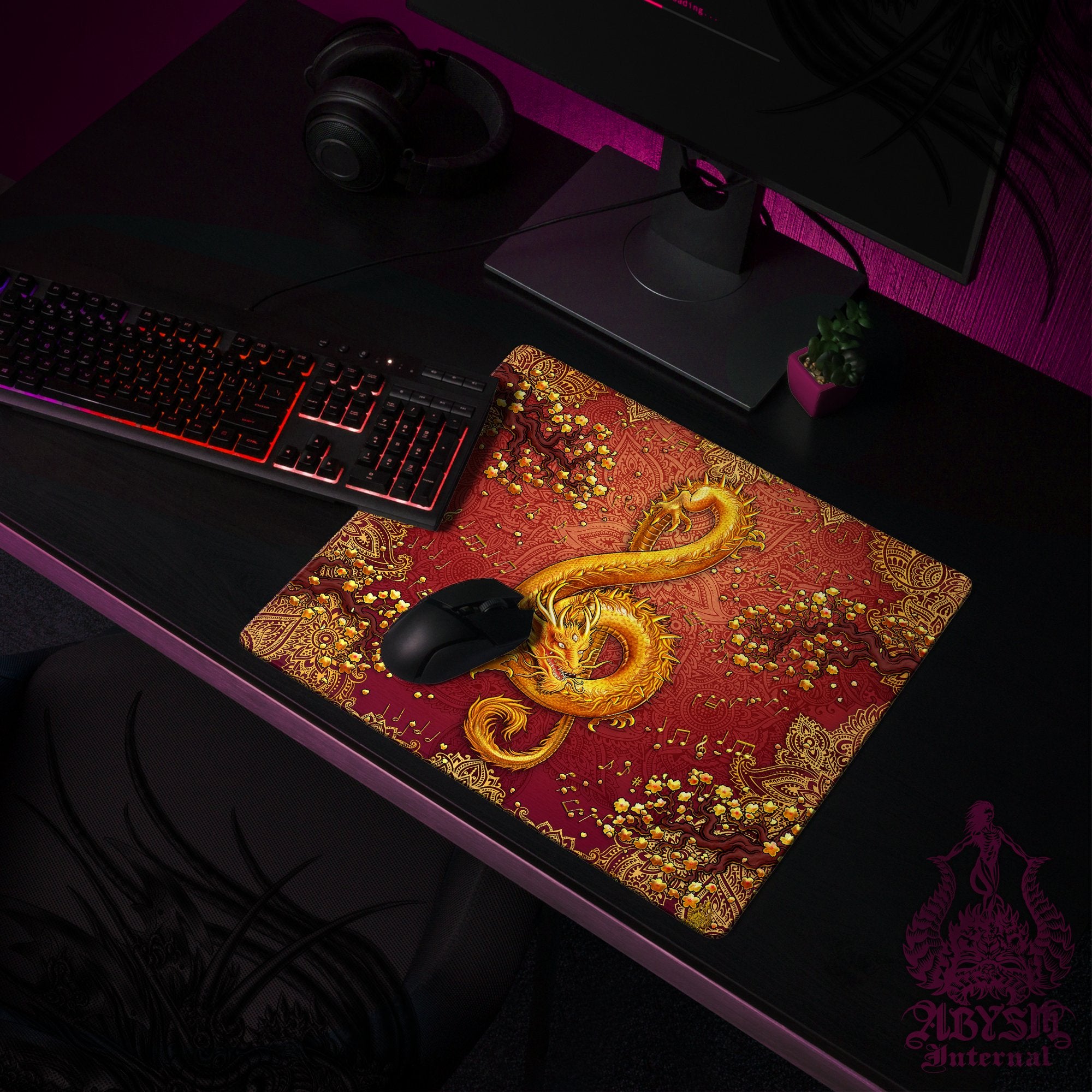 Boho Music Desk Mat, Dragon Gaming Mouse Pad, Asian Table Protector Cover, Indie Workpad, Treble Clef Art Print - Mandalas - Abysm Internal