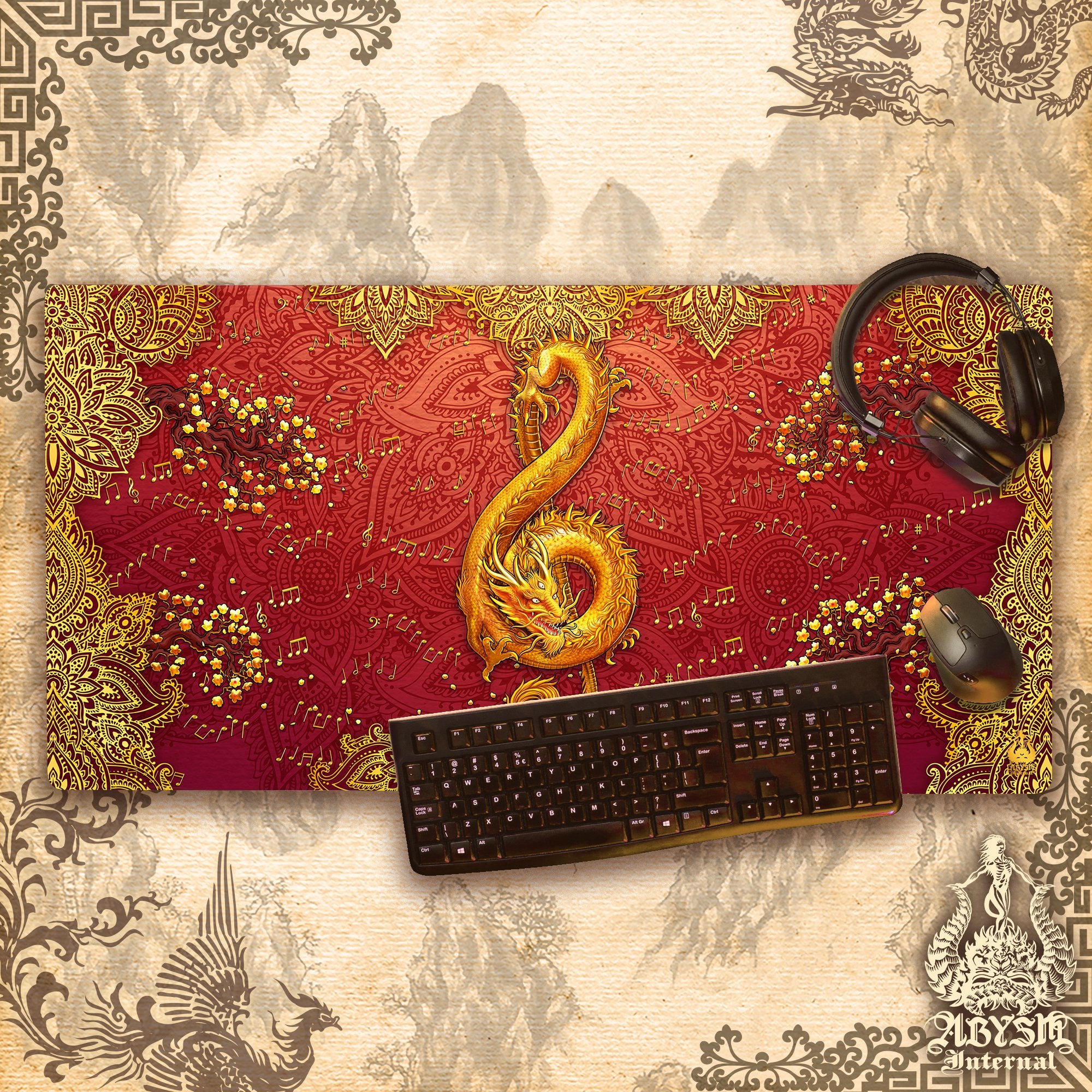 Boho Music Desk Mat, Dragon Gaming Mouse Pad, Asian Table Protector Cover, Indie Workpad, Treble Clef Art Print - Mandalas - Abysm Internal