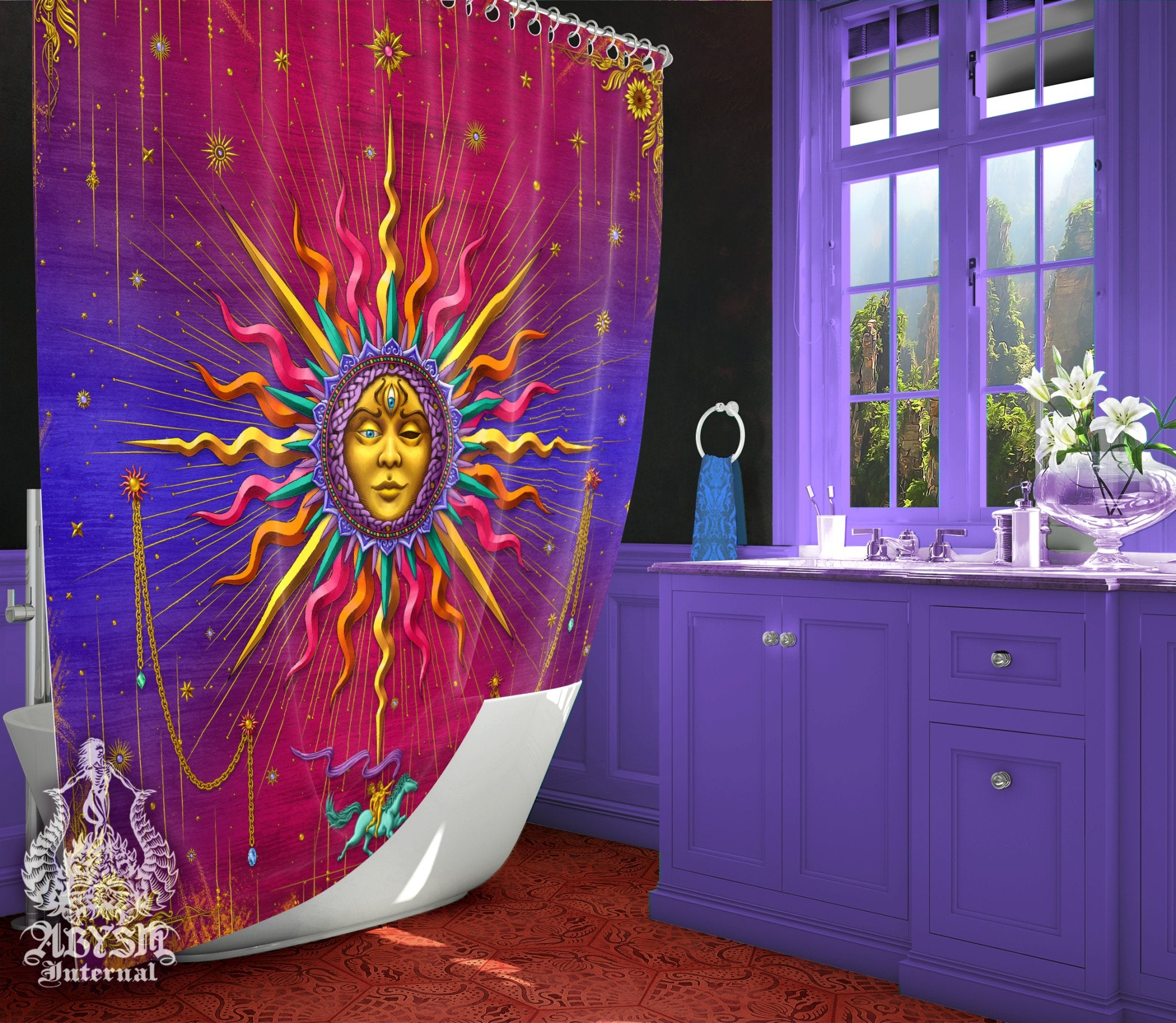 Boho Shower Curtain, 71x74 inches, Hippie Bathroom Decor, Tarot Sun Arcana, Esoteric Art Print, Indie Home - Psy - Abysm Internal