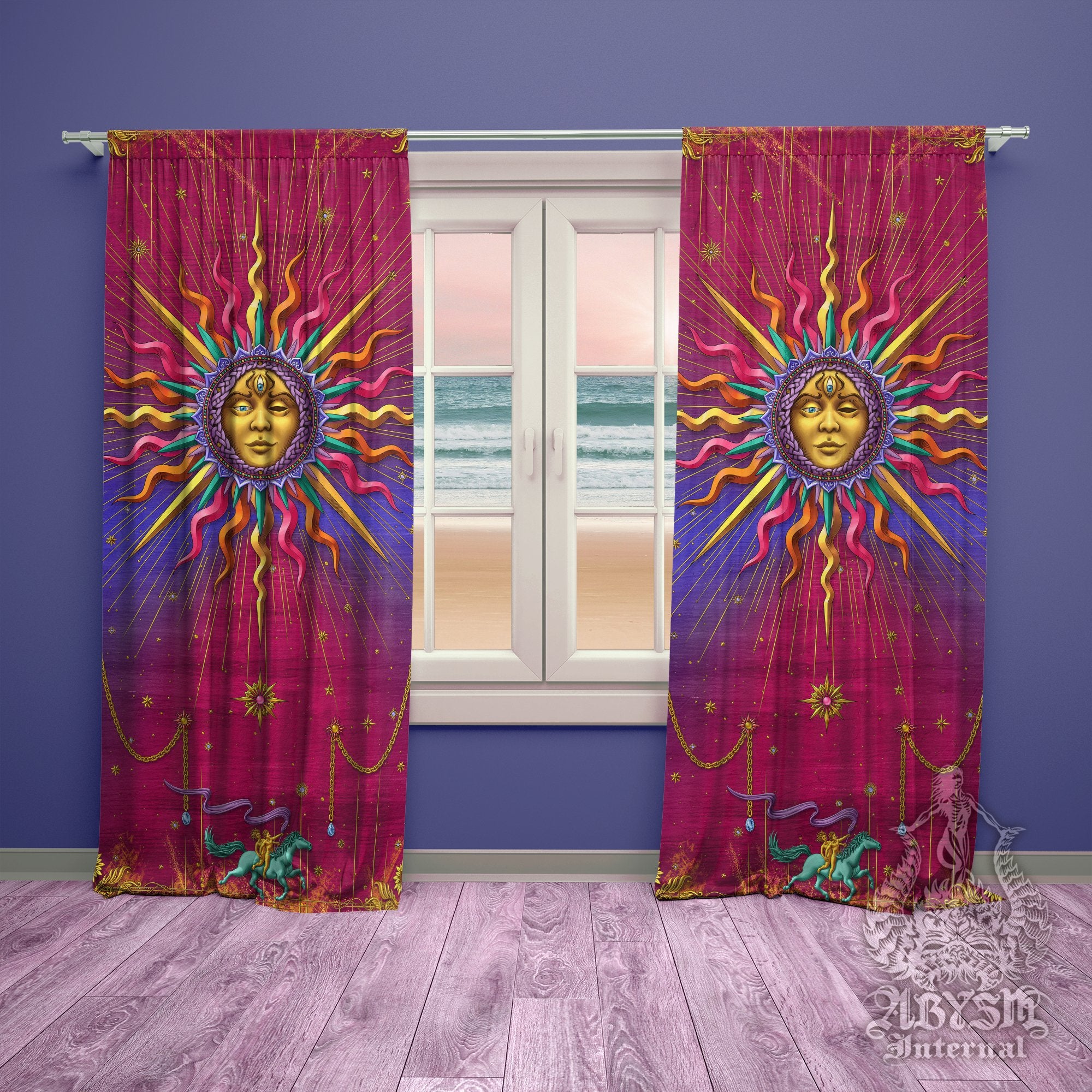 Boho Sun Curtains, 50x84' Printed Window Panels, Psychedelic Indie Home Decor, Tarot Arcana, Trippy Esoteric Art Print - Psy - Abysm Internal