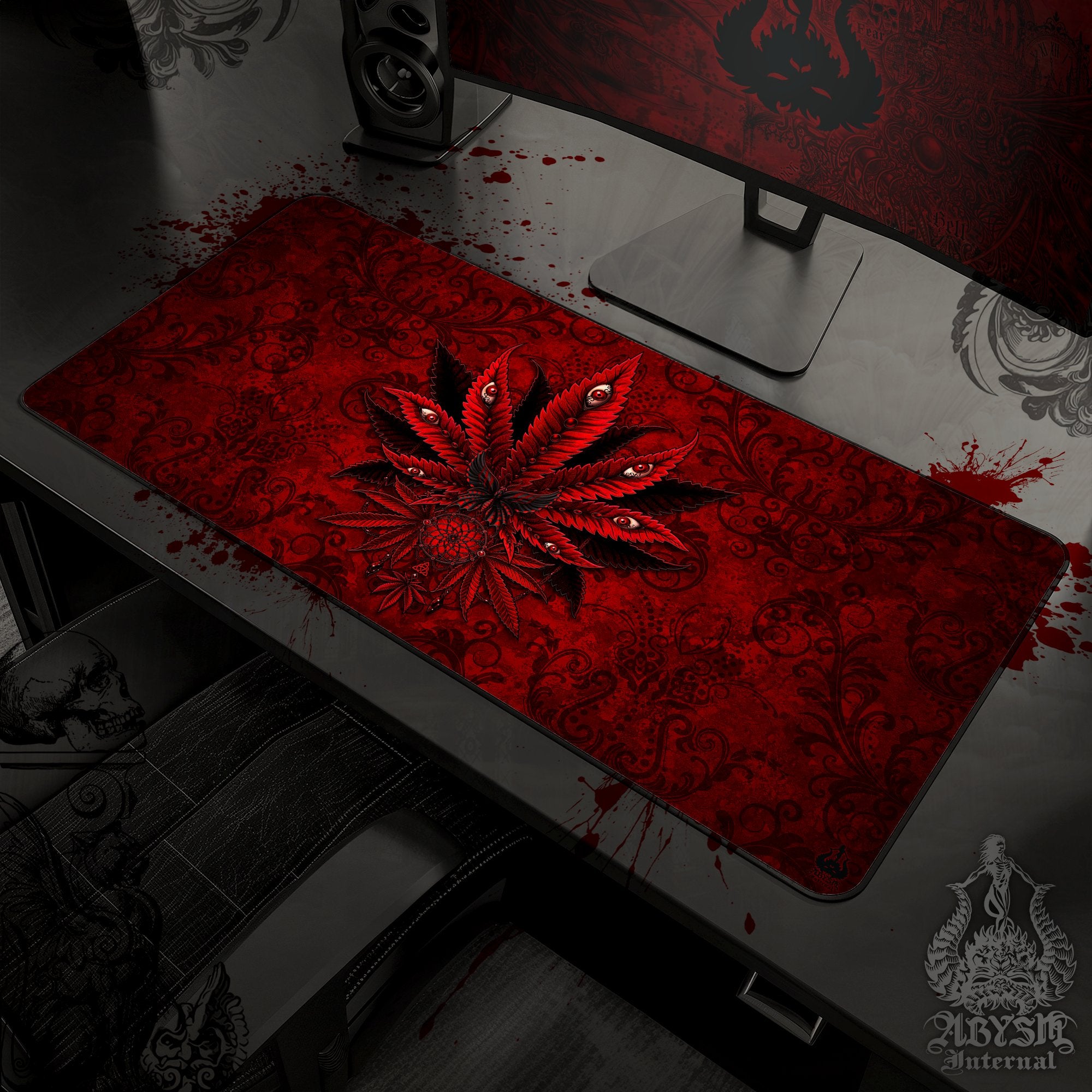 Cannabis Desk Mat, Marijuana Gaming Mouse Pad, Weed Table Protector Cover, Bloody Gothic Workpad, 420 Art Print - Red Black - Abysm Internal