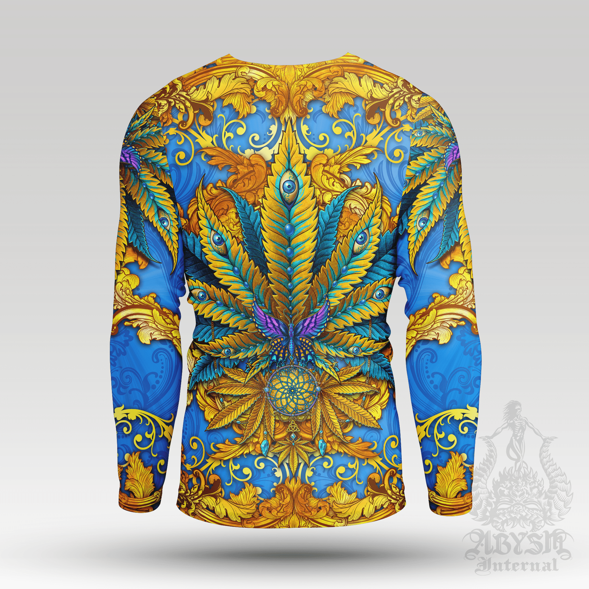 Cannabis Rash Guard - Cyan Blue and Gold Long Sleeve Surf Shirt, Indie Sports Top | Marijuana Weed 420 Art UV Protection Activewear for Men and Women - Abysm Internal