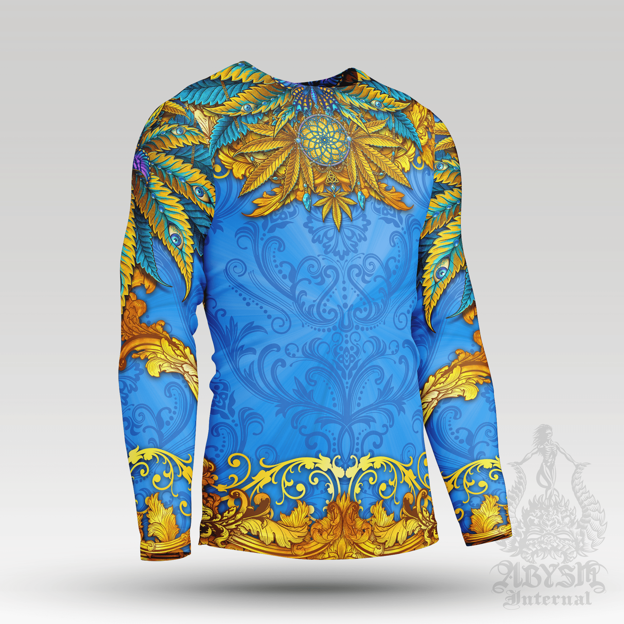 Cannabis Rash Guard - Cyan Blue and Gold Long Sleeve Surf Shirt, Indie Sports Top | Marijuana Weed 420 Art UV Protection Activewear for Men and Women - Abysm Internal