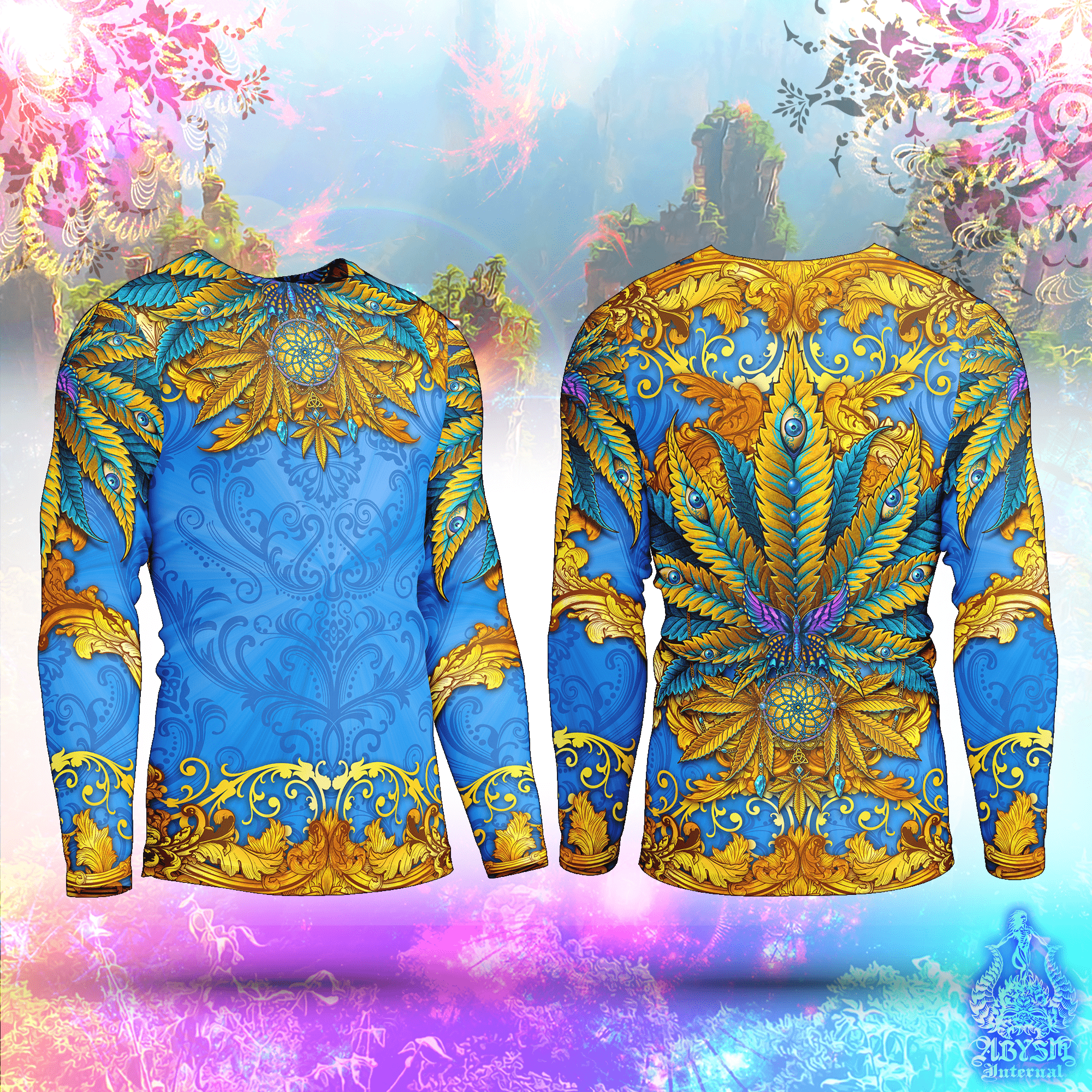 Cannabis Rash Guard - Cyan Blue and Gold Long Sleeve Surf Shirt, Indie Sports Top | Marijuana Weed 420 Art UV Protection Activewear for Men and Women - Abysm Internal