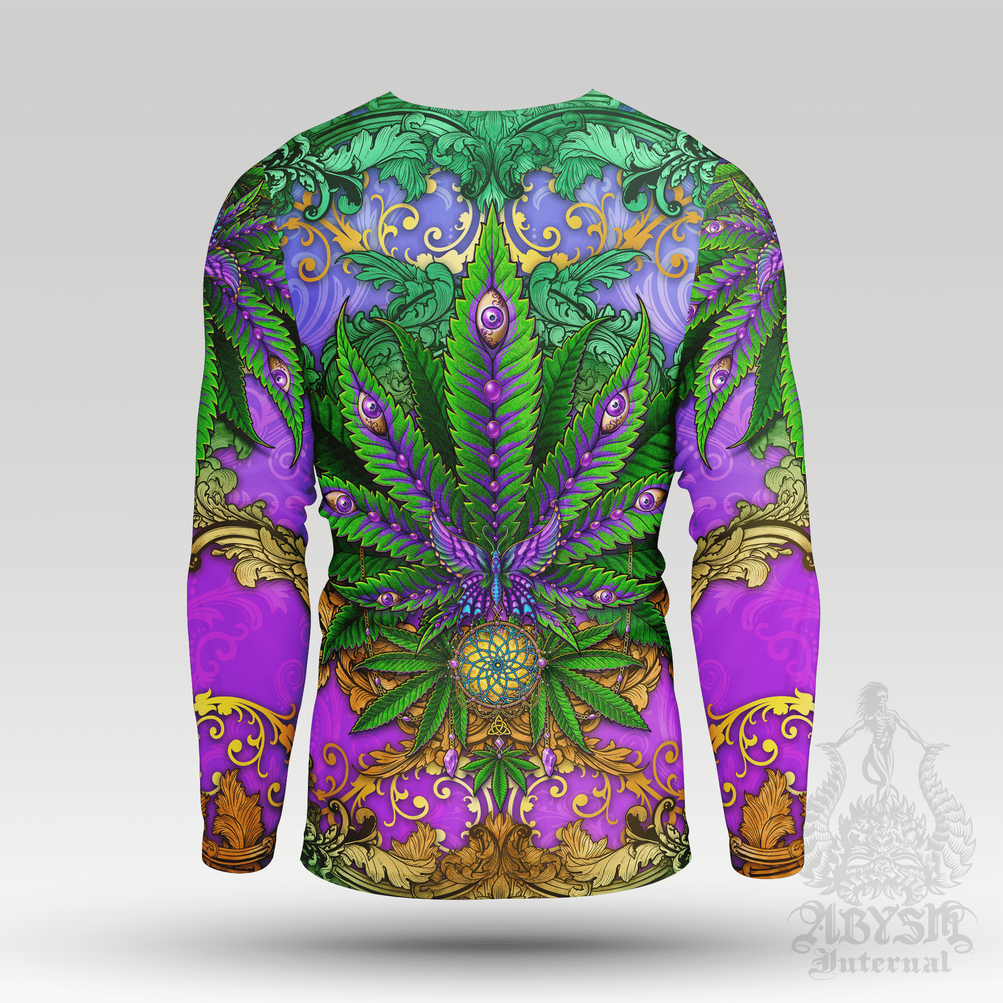 Cannabis Rash Guard - Indie Long Sleeve Surf Shirt, Nature Sports Top | Marijuana Weed 420 Art UV Protection Activewear for Men and Women - Abysm Internal