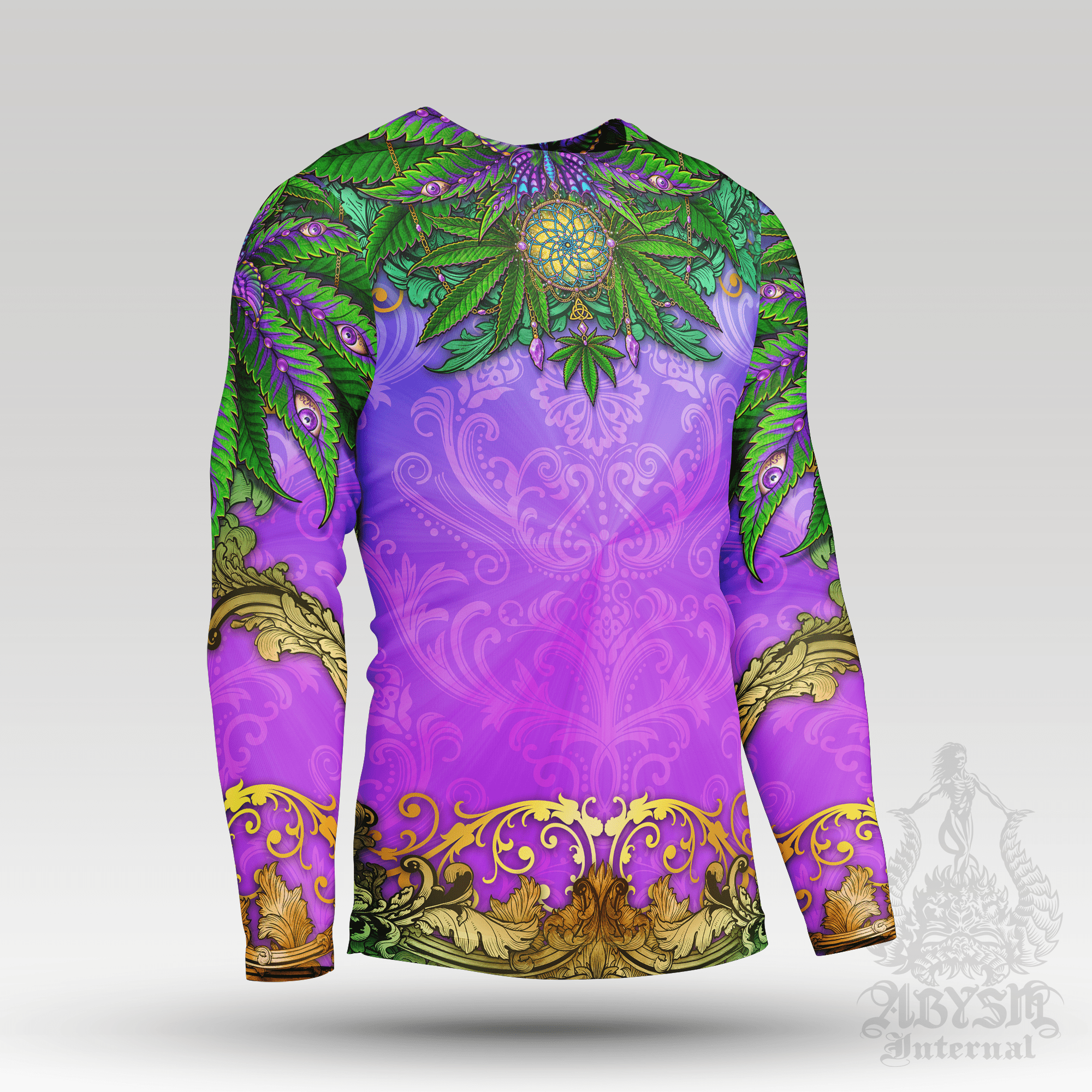 Cannabis Rash Guard - Indie Long Sleeve Surf Shirt, Nature Sports Top | Marijuana Weed 420 Art UV Protection Activewear for Men and Women - Abysm Internal
