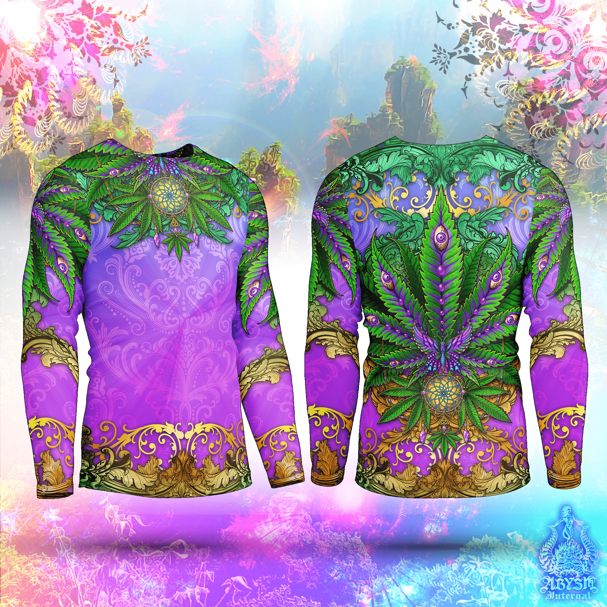 Cannabis Rash Guard - Indie Long Sleeve Surf Shirt, Nature Sports Top | Marijuana Weed 420 Art UV Protection Activewear for Men and Women - Abysm Internal