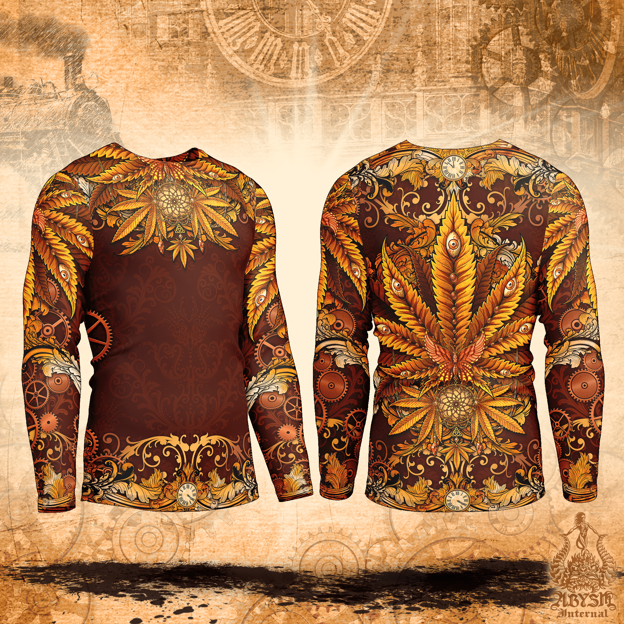 Cannabis Rash Guard - Steampunk Long Sleeve Surf Shirt, Indie Sports Top | Marijuana Weed 420 Art UV Protection Activewear for Men and Women - Abysm Internal