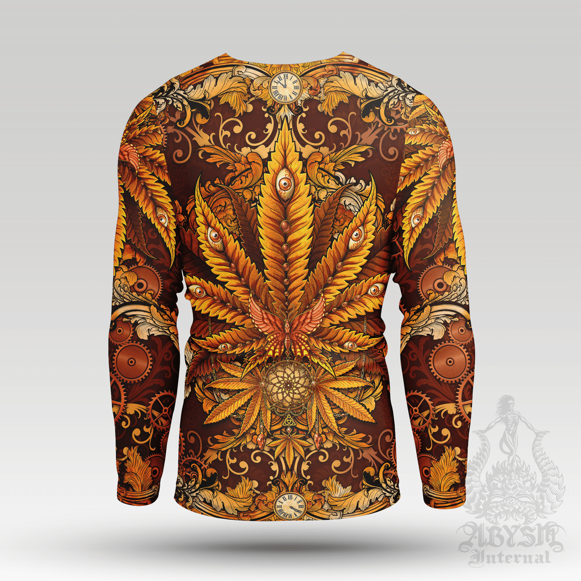 Cannabis Rash Guard - Steampunk Long Sleeve Surf Shirt, Indie Sports Top | Marijuana Weed 420 Art UV Protection Activewear for Men and Women - Abysm Internal