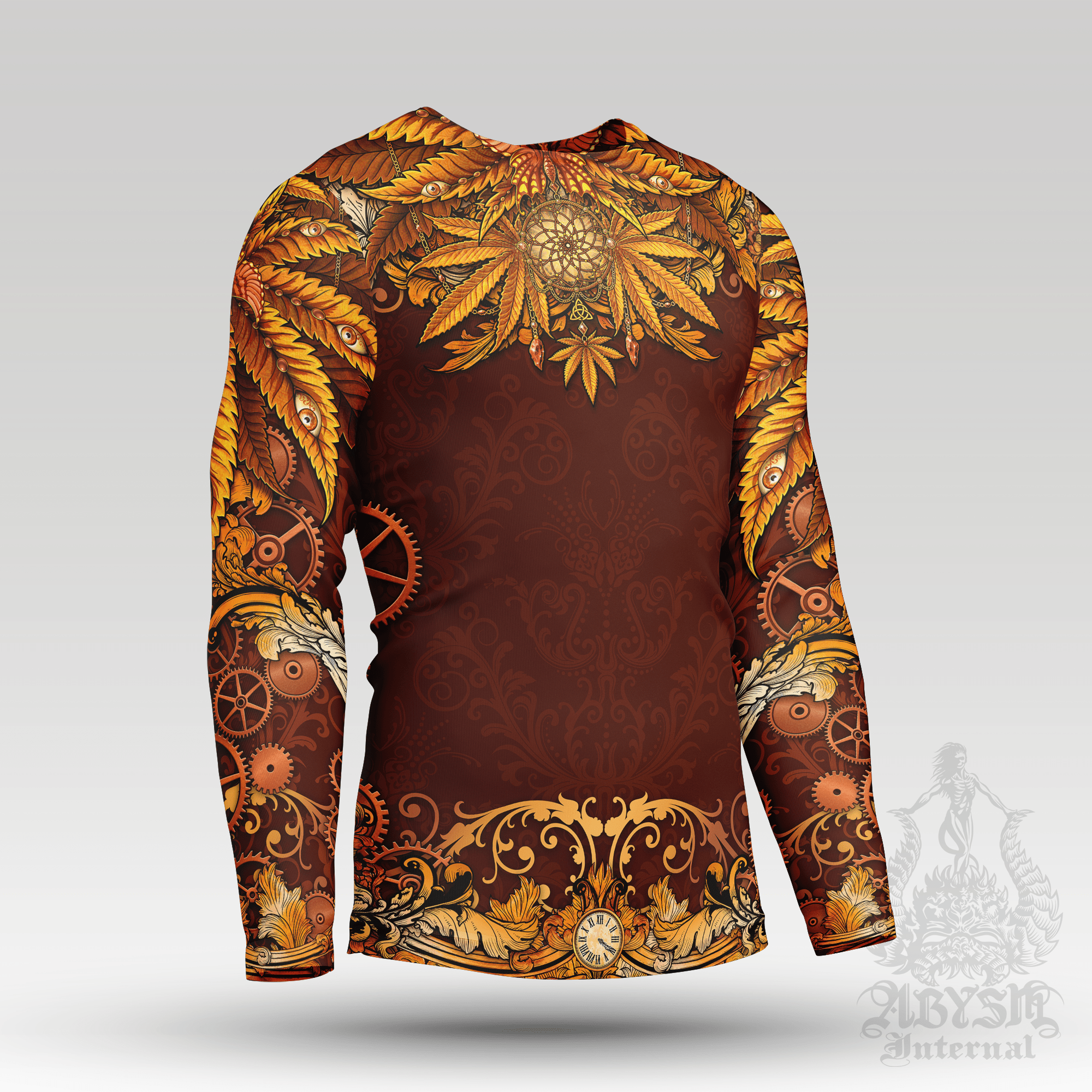 Cannabis Rash Guard - Steampunk Long Sleeve Surf Shirt, Indie Sports Top | Marijuana Weed 420 Art UV Protection Activewear for Men and Women - Abysm Internal