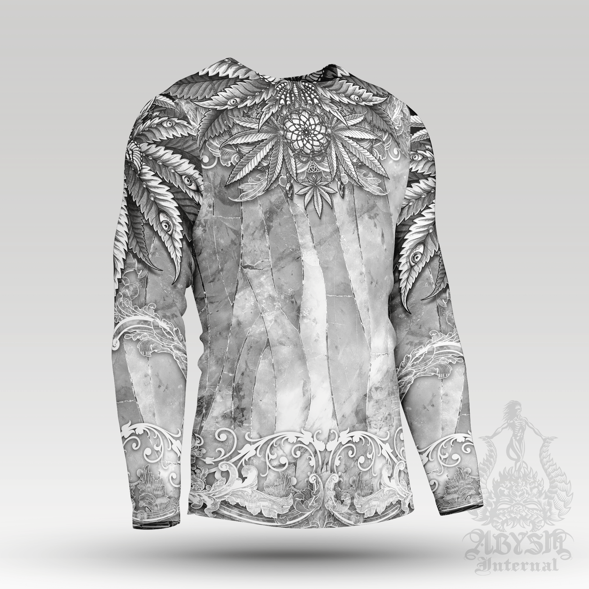 Cannabis Rash Guard - White Goth Long Sleeve Surf Shirt, Stone Sports Top | Marijuana Weed 420 Art UV Protection Activewear for Men and Women - Abysm Internal