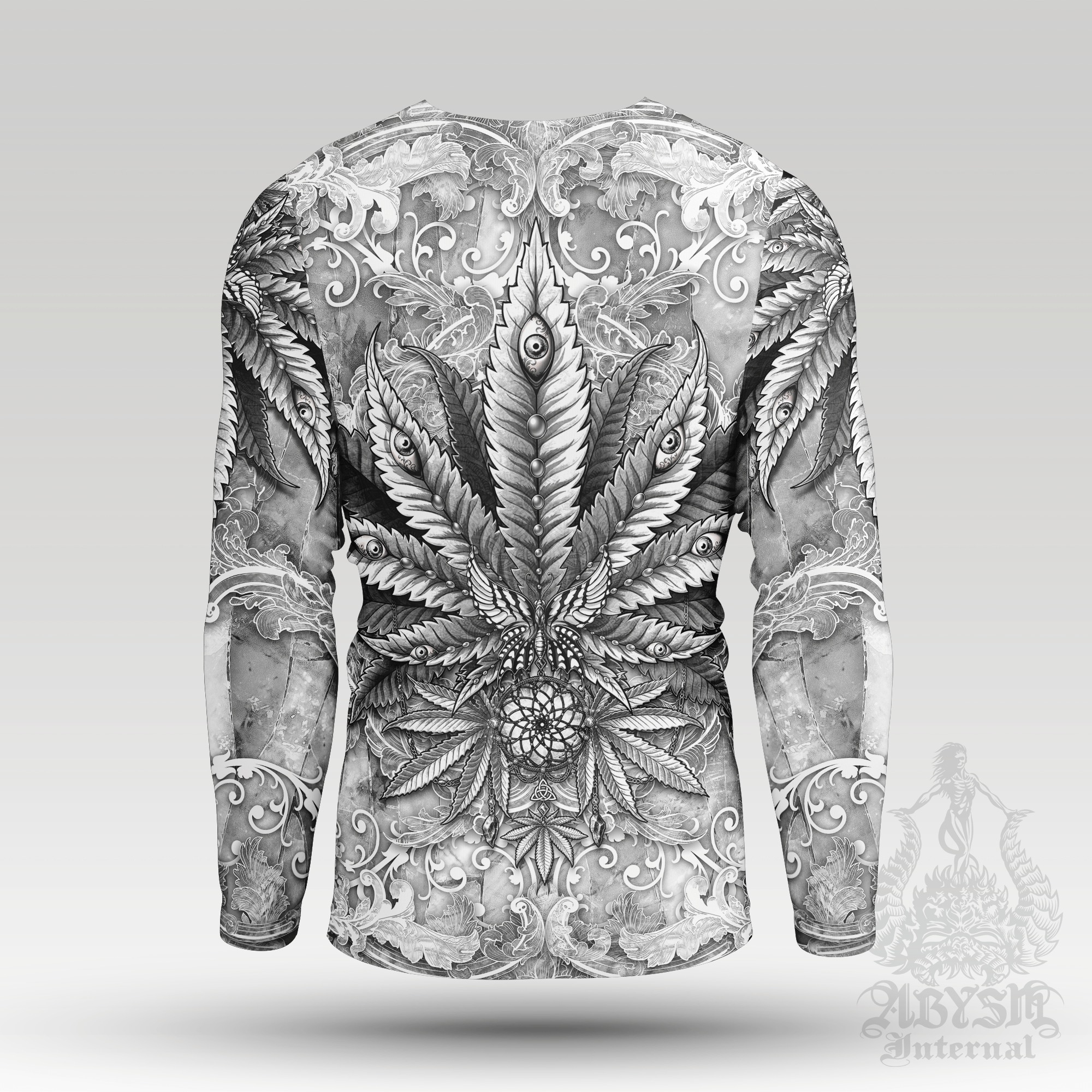Cannabis Rash Guard - White Goth Long Sleeve Surf Shirt, Stone Sports Top | Marijuana Weed 420 Art UV Protection Activewear for Men and Women - Abysm Internal