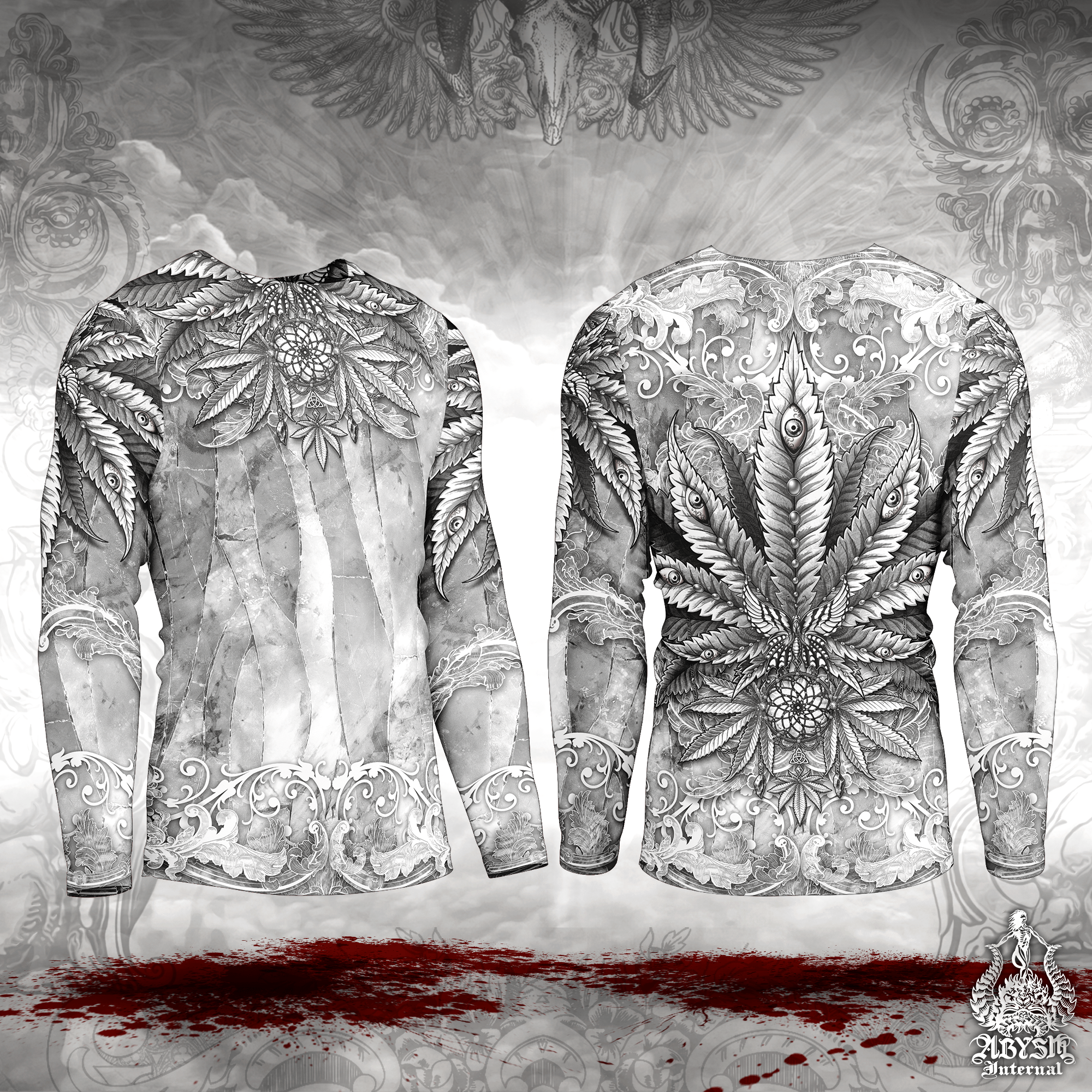Cannabis Rash Guard - White Goth Long Sleeve Surf Shirt, Stone Sports Top | Marijuana Weed 420 Art UV Protection Activewear for Men and Women - Abysm Internal