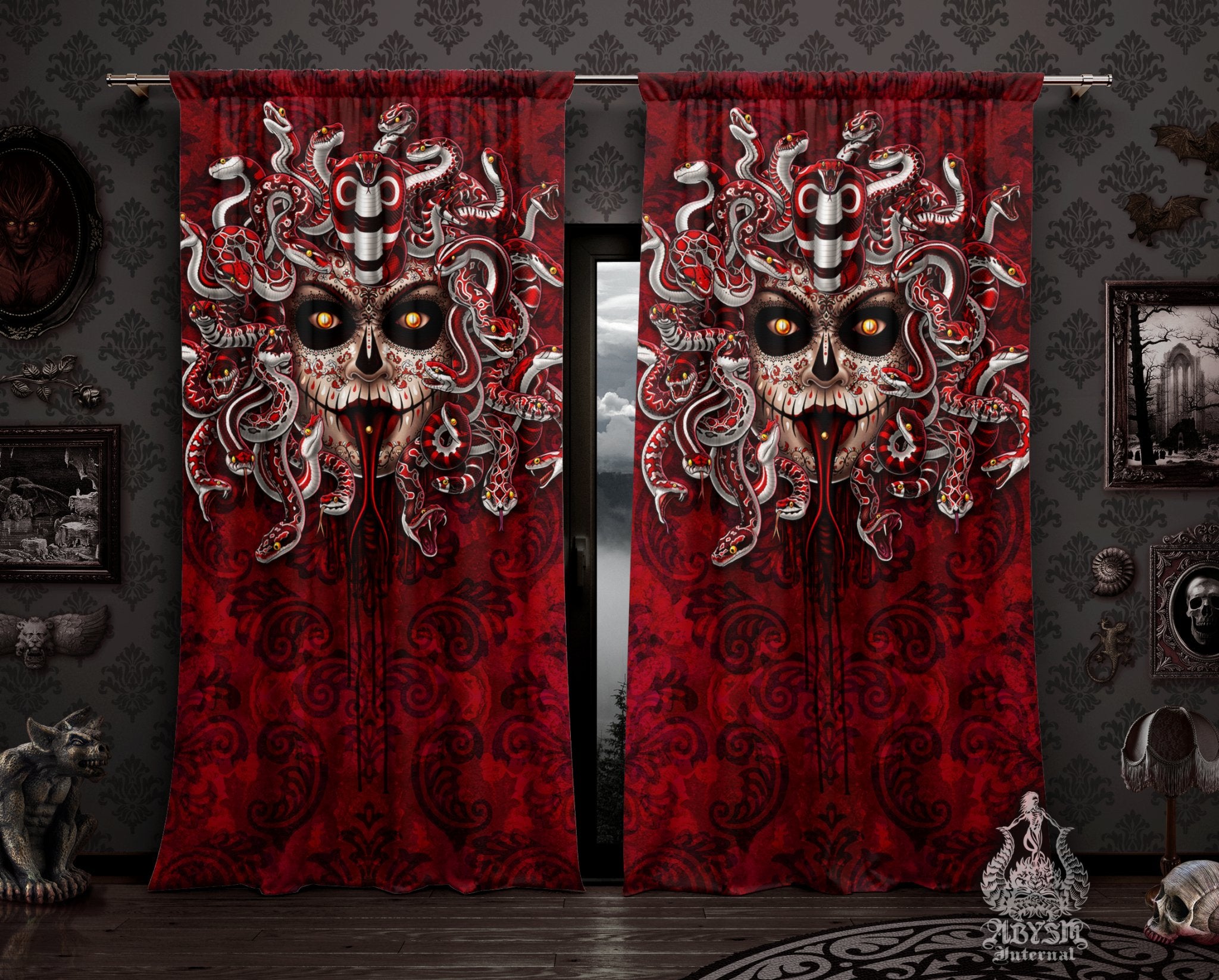Catrina Curtains, 50x84' Printed Window Panels, Dia de los Muertos, Gothic Home Decor, Art Print - Red Medusa & Snakes, 2 Faces - Abysm Internal