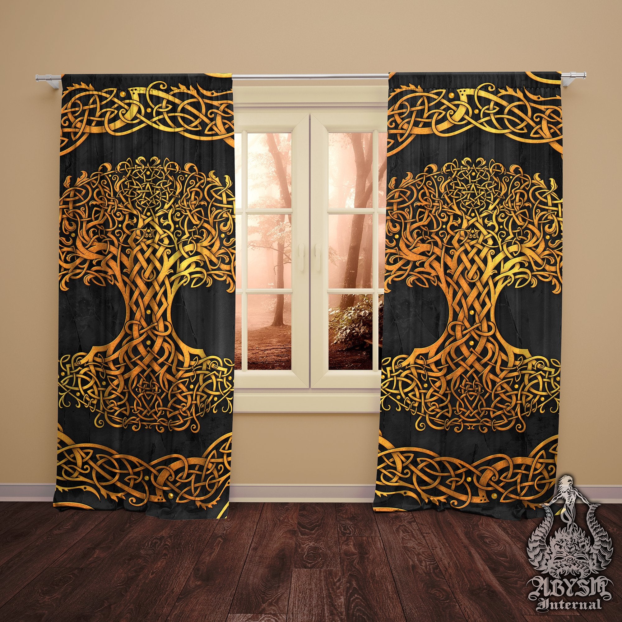 Celtic Curtains, 50x84' Printed Window Panels, Tree of Life, Indie and Pagan Room Decor, Art Print, Funky and Eclectic Home Decor - Gold and 3 Colors - Abysm Internal