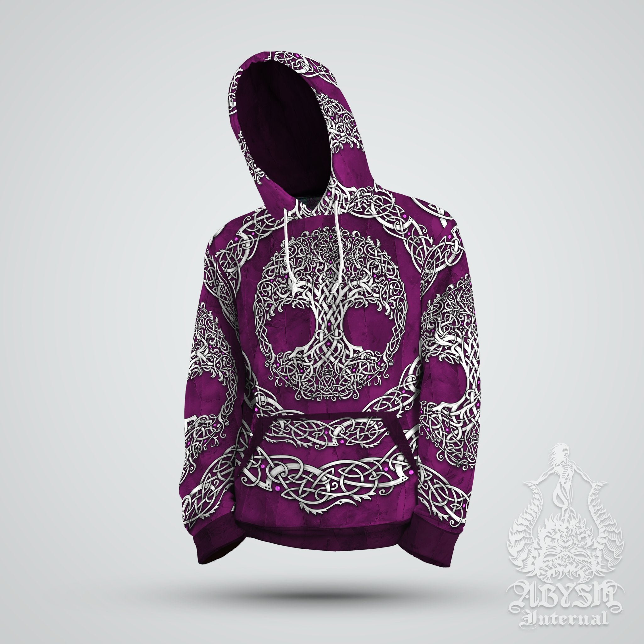 Celtic Hoodie, Nature Pullover, Indie Outfit, Boho Sweater, Tree of Life Streetwear, Witchy Clothing, Unisex - White and Green, Purple or Black, 3 Colors - Abysm Internal