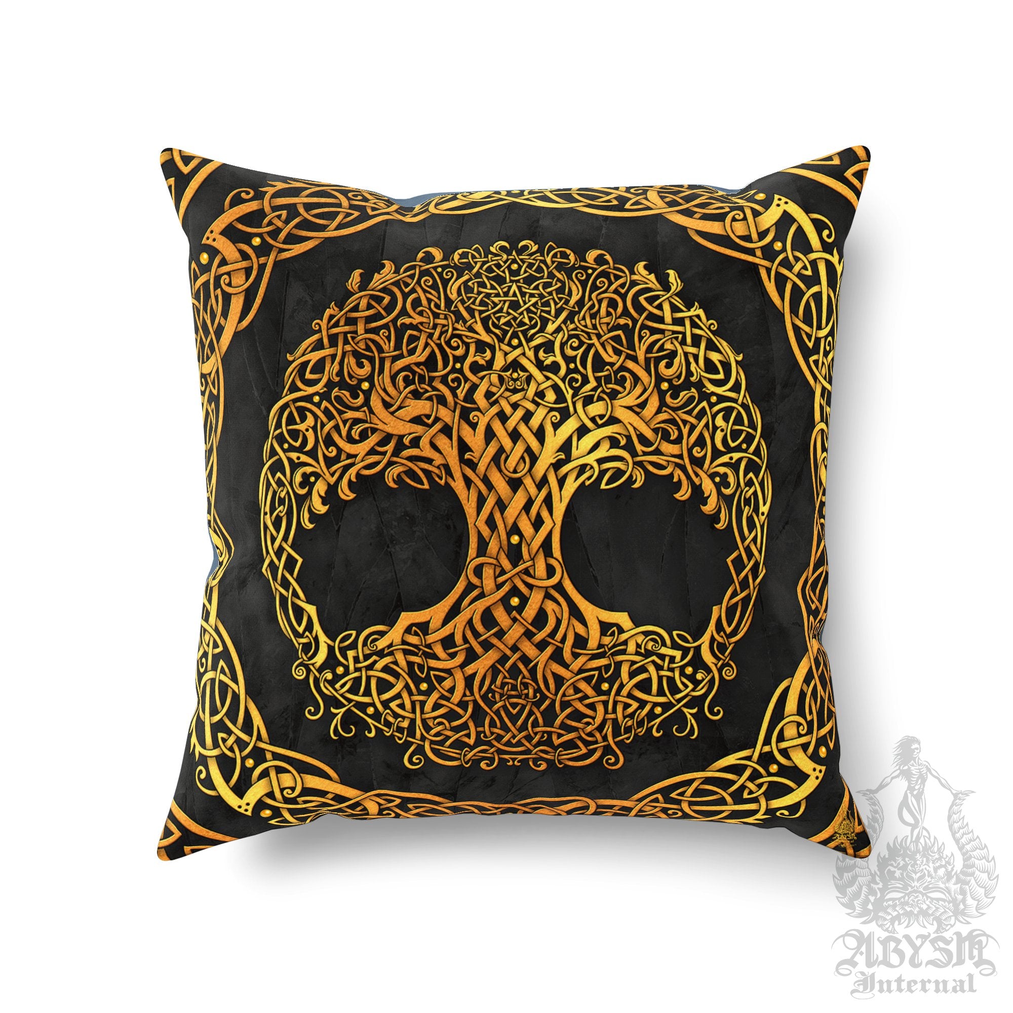 Celtic Throw Pillow, Decorative Accent Pillow, Square Cushion Cover, Tree of Life, Pagan Room Decor, Witchy Art, Eclectic Home - Gold & 3 Colors - Abysm Internal