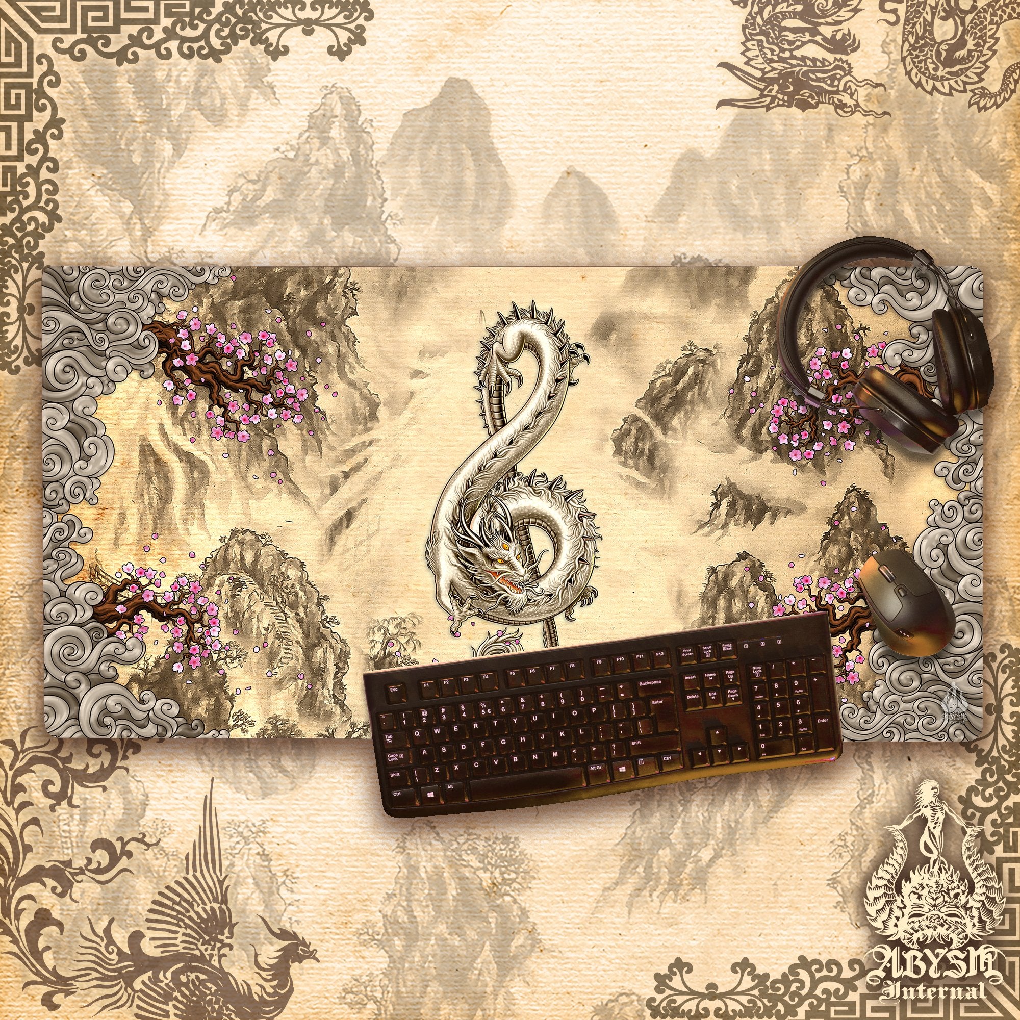 Chinese Dragon Mouse Pad, Music Gaming Desk Mat, Cherry Blossom Workpad, Asian Painting Table Protector Cover, Treble Clef Art Print - Abysm Internal