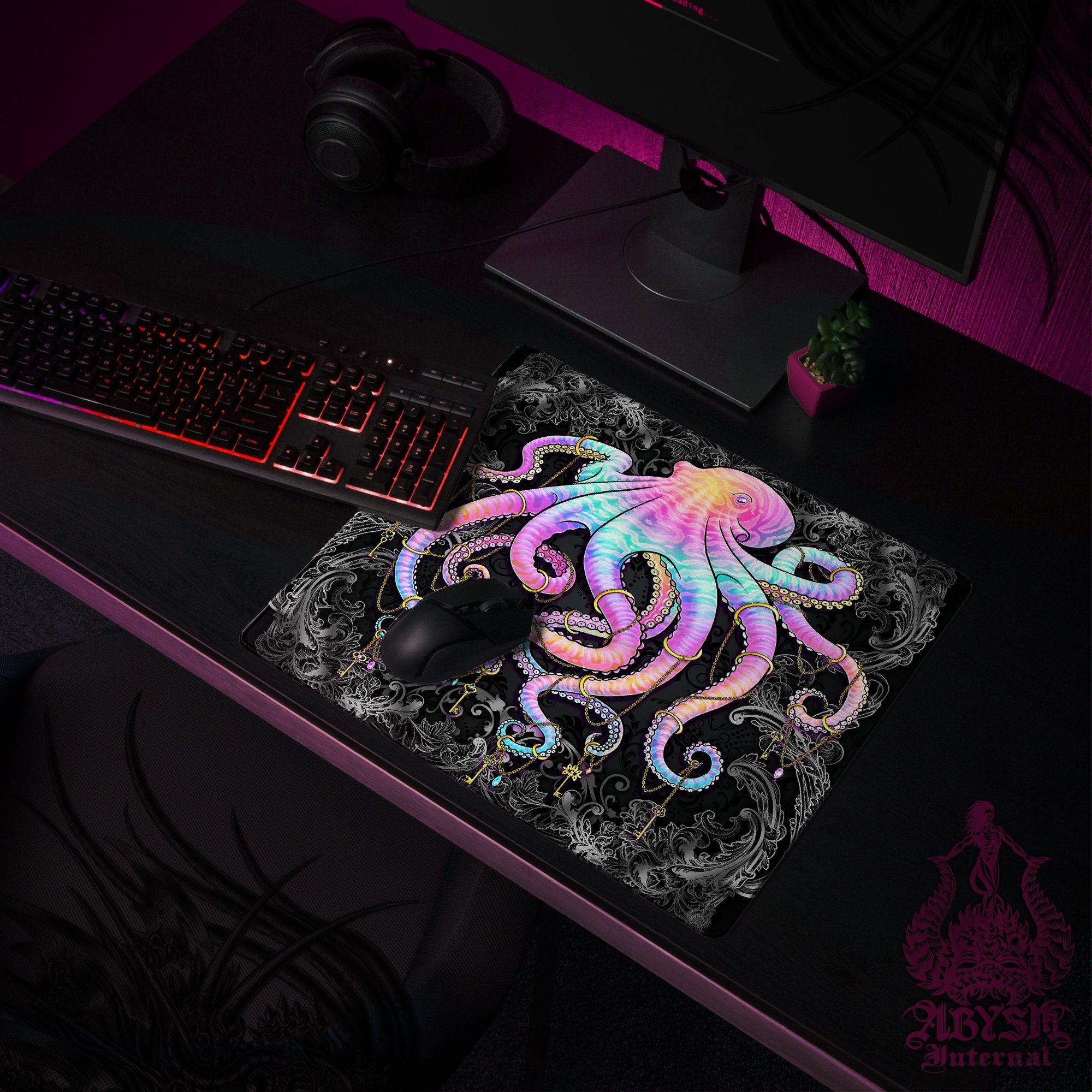 Colorful Gaming Desk Mat, Pastel Tentacles Mouse Pad, Gamer Table Protector Cover, Dark Octopus Workpad, Fantasy Art Print - Abysm Internal