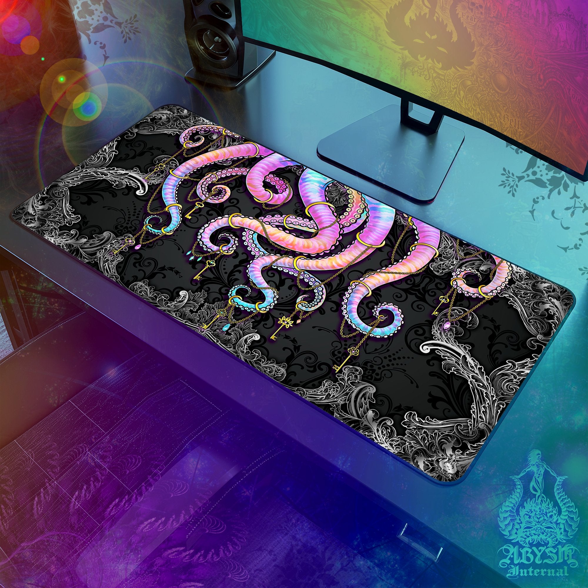 Colorful Gaming Desk Mat, Pastel Tentacles Mouse Pad, Gamer Table Protector Cover, Dark Octopus Workpad, Fantasy Art Print - Abysm Internal