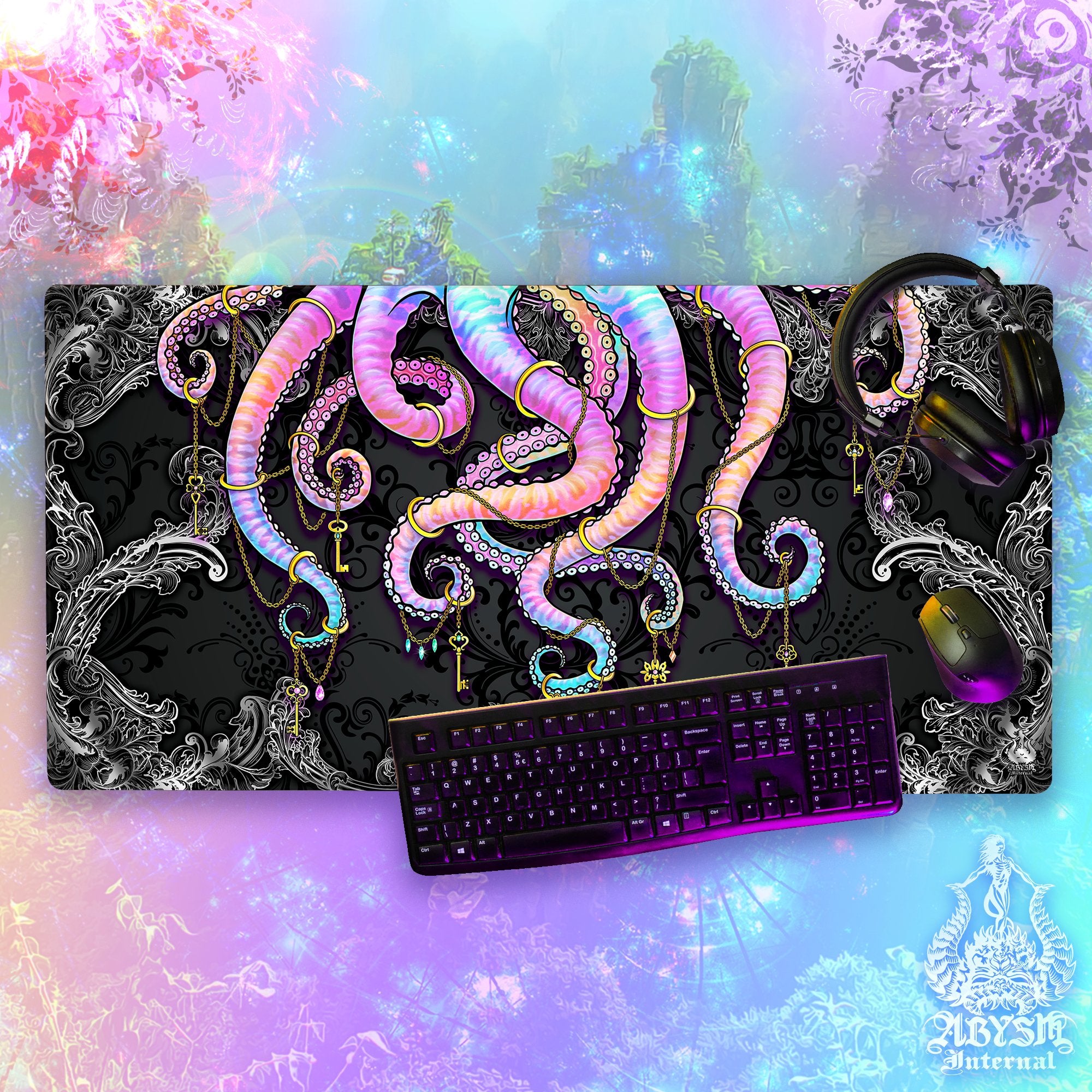 Colorful Gaming Desk Mat, Pastel Tentacles Mouse Pad, Gamer Table Protector Cover, Dark Octopus Workpad, Fantasy Art Print - Abysm Internal