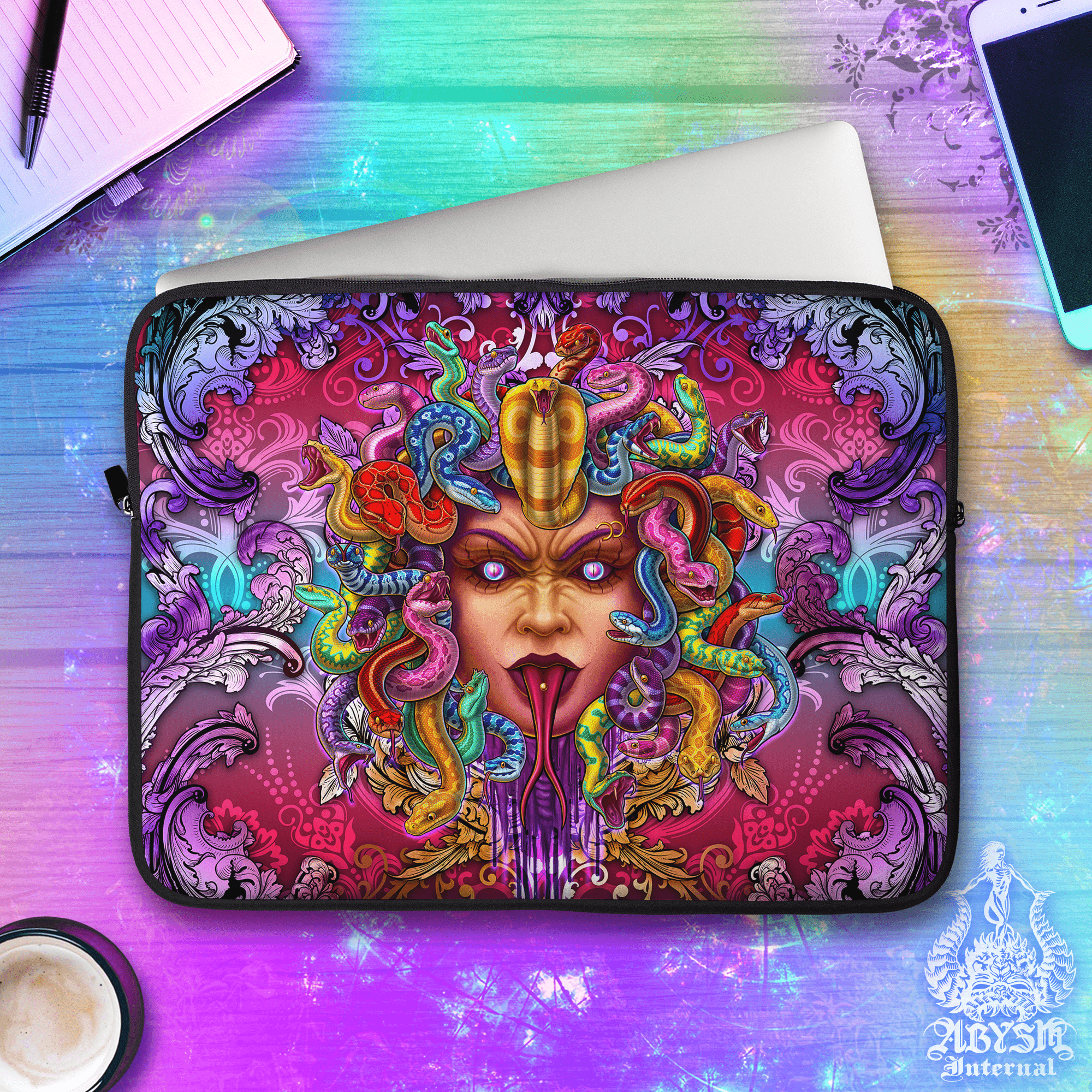 Colorful Laptop Case – Psychedelic Skull, Trippy Medusa, Psy, 13" & 15", Dark Fantasy Art, Printed Padded Soft Sleeve - 2 Faces - Abysm Internal