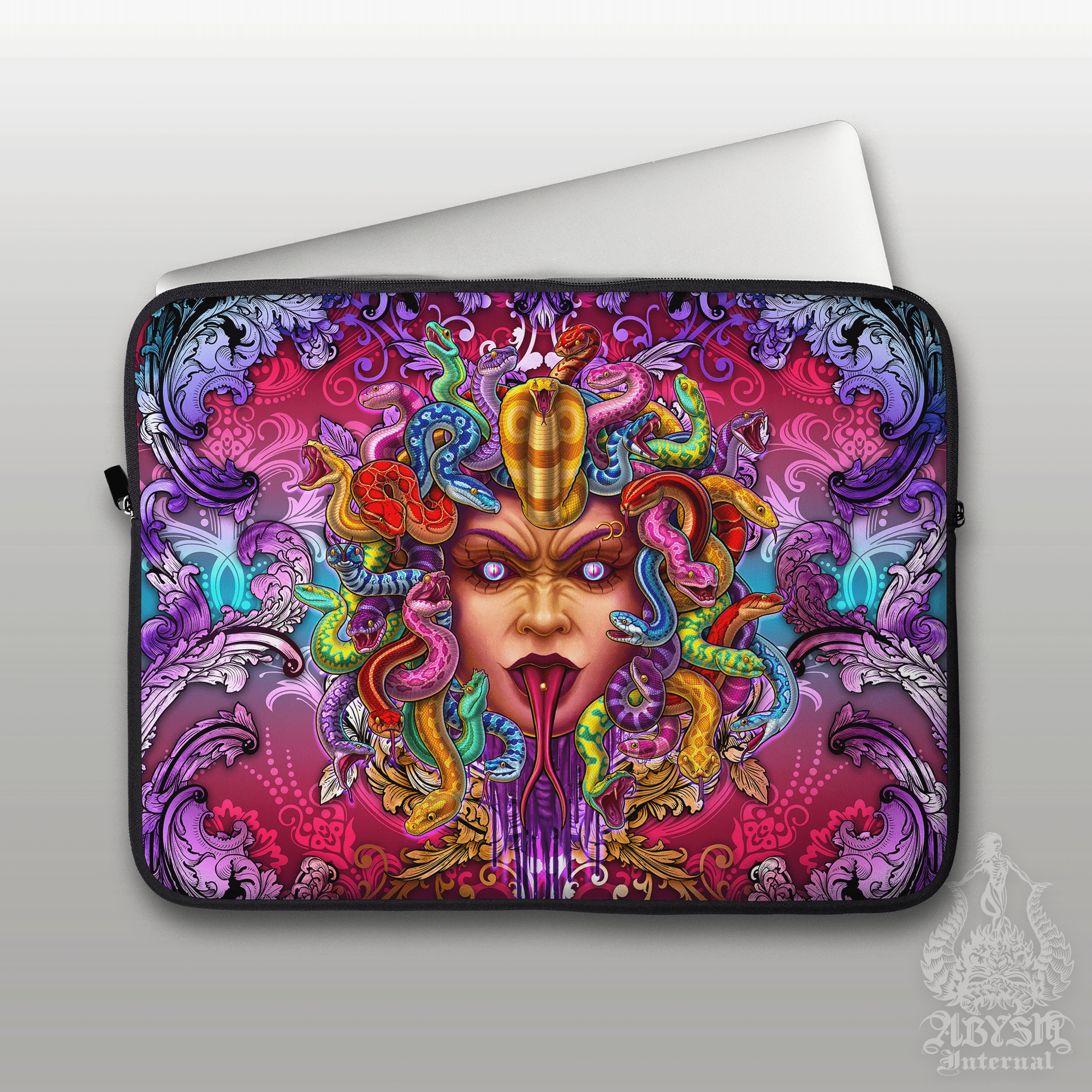 Colorful Laptop Case – Psychedelic Skull, Trippy Medusa, Psy, 13" & 15", Dark Fantasy Art, Printed Padded Soft Sleeve - 2 Faces - Abysm Internal