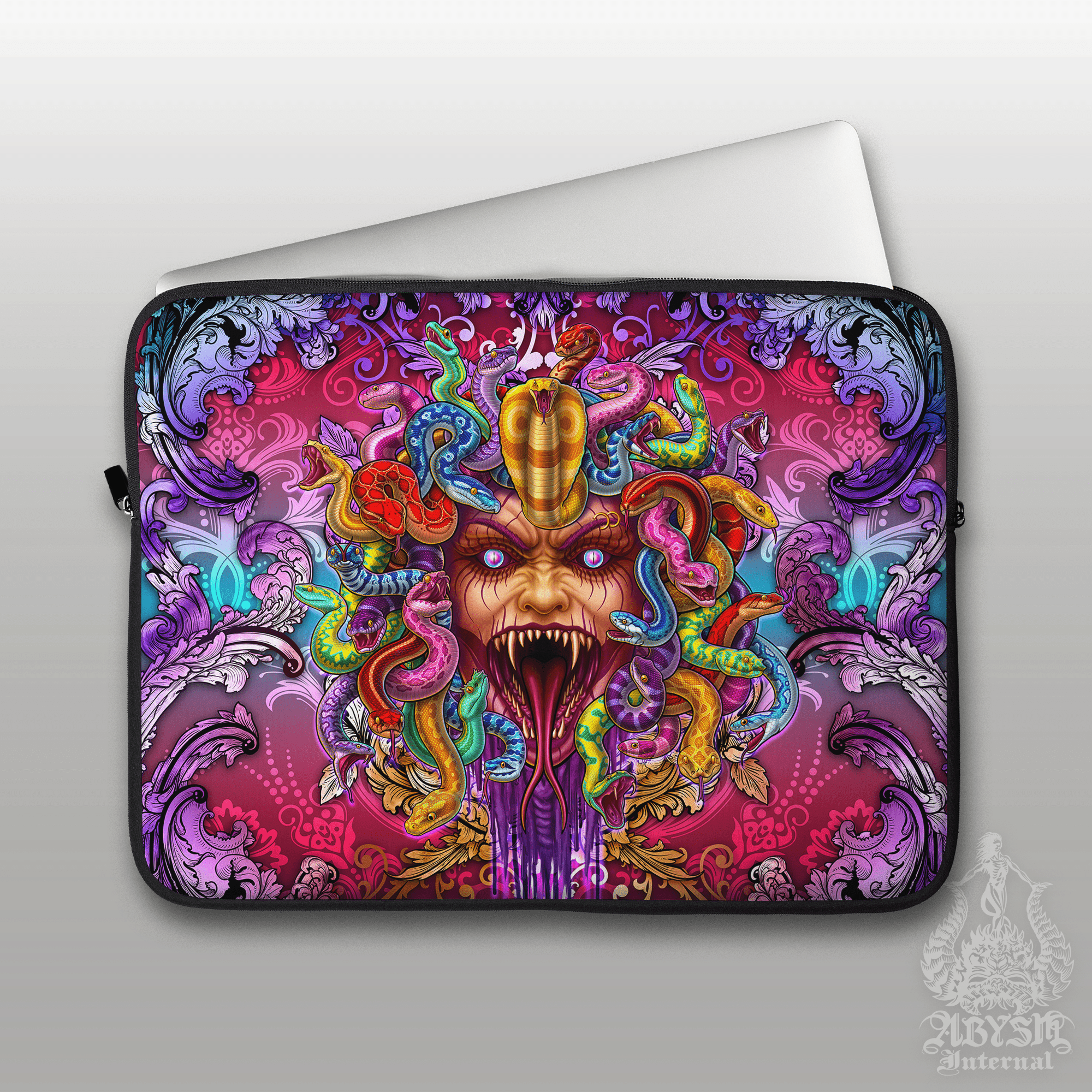 Colorful Laptop Case – Psychedelic Skull, Trippy Medusa, Psy, 13" & 15", Dark Fantasy Art, Printed Padded Soft Sleeve - 2 Faces - Abysm Internal