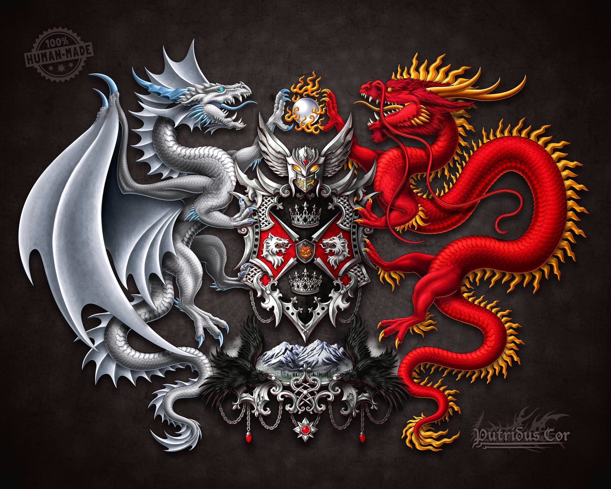 Asian Dragon Coat of Arms, Personalized Fantasy Family Crest, Wedding Invitation Ideas, Custom Art, Gothic Emblem Design